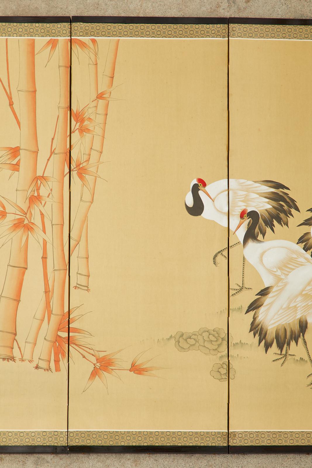 Silk Japanese Showa Six Panel Screen Manchurian Crane Bamboo Grove For Sale