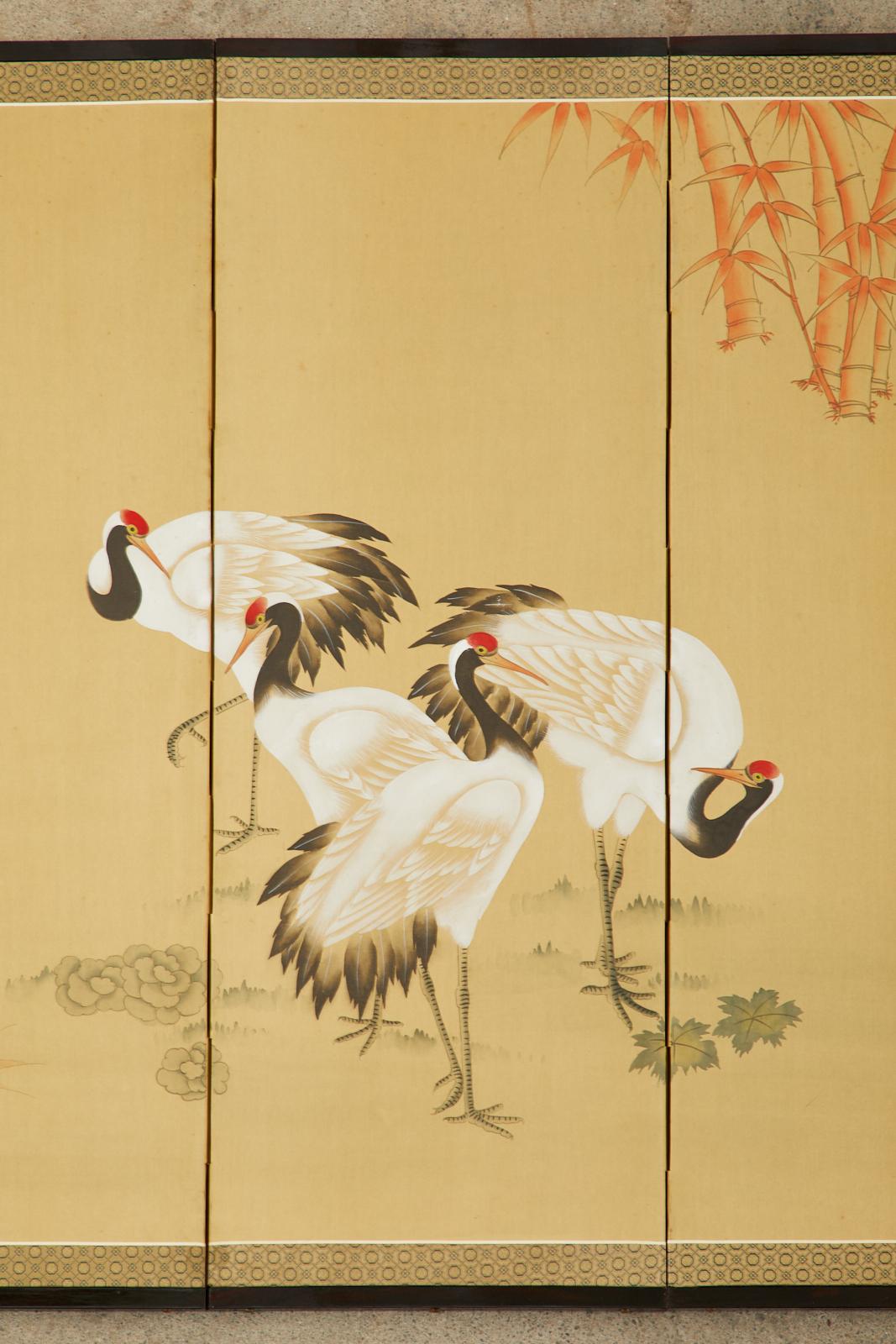 Japanese Showa Six Panel Screen Manchurian Crane Bamboo Grove For Sale 1