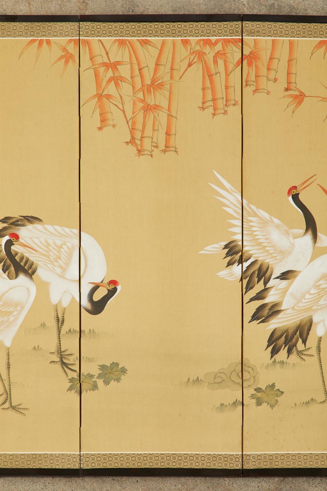 Japanese Showa Six Panel Screen Manchurian Crane Bamboo Grove For Sale 2