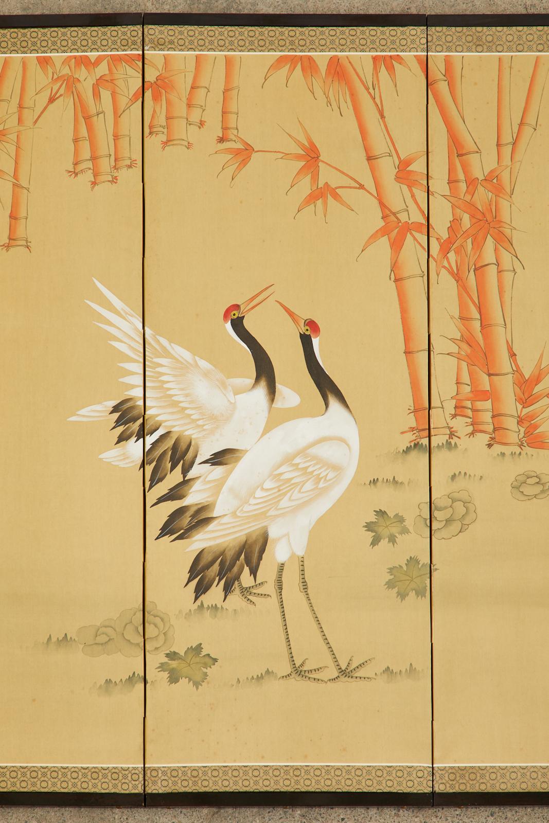 Japanese Showa Six Panel Screen Manchurian Crane Bamboo Grove For Sale 3