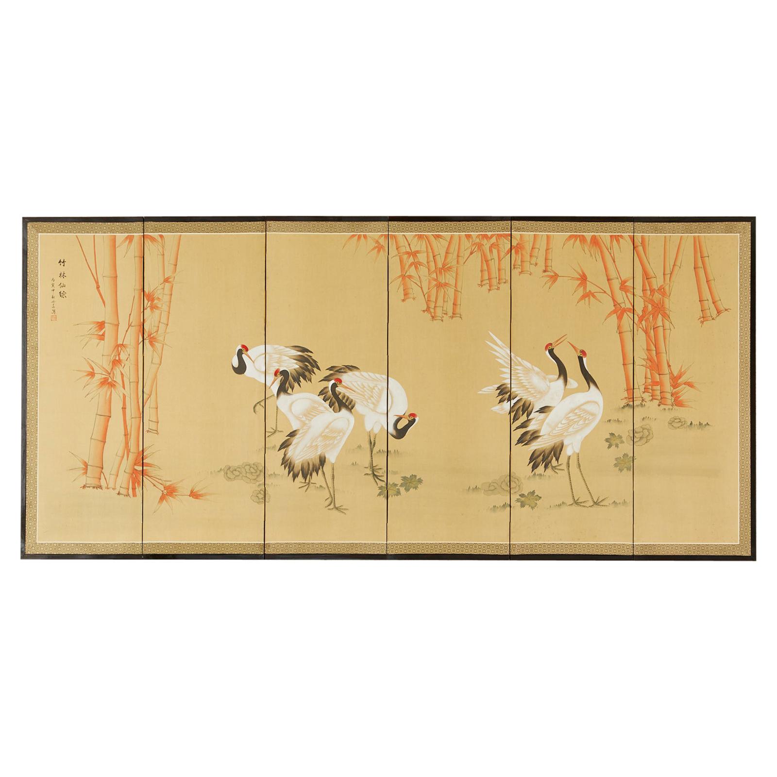 Japanese Showa Six Panel Screen Manchurian Crane Bamboo Grove