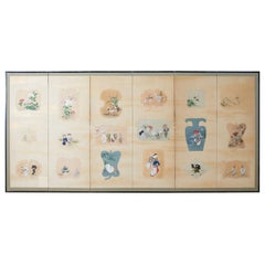 Japanese Showa Six Panel Screen of Painted Vignettes