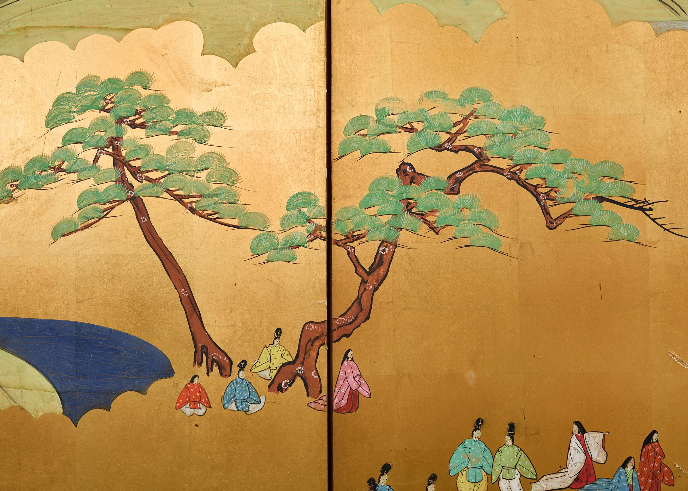 Japanische Showa Sechs-Panel-Bildschirm Tales of Genji auf Gilt im Angebot 4
