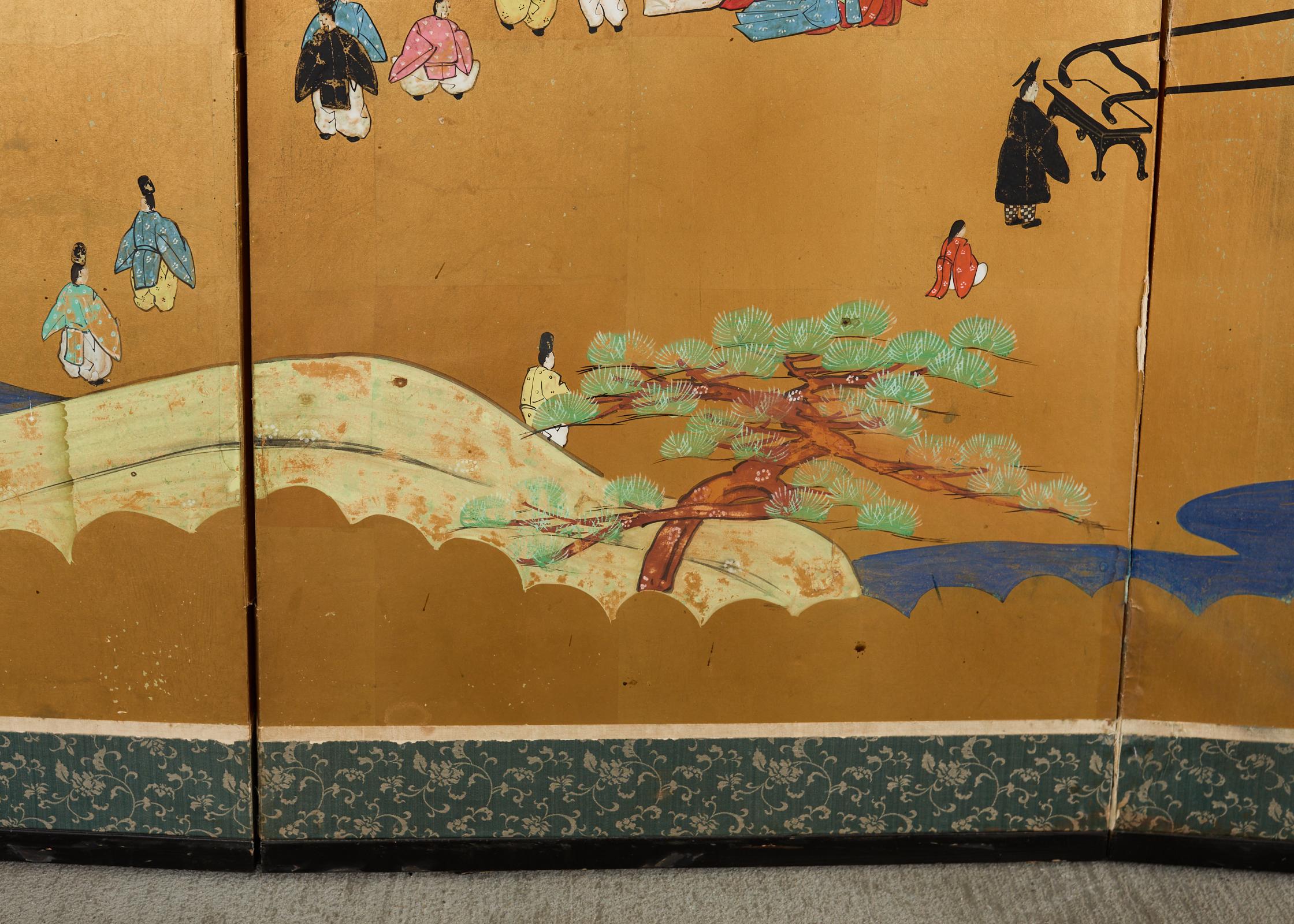 Japanische Showa Sechs-Panel-Bildschirm Tales of Genji auf Gilt im Angebot 5