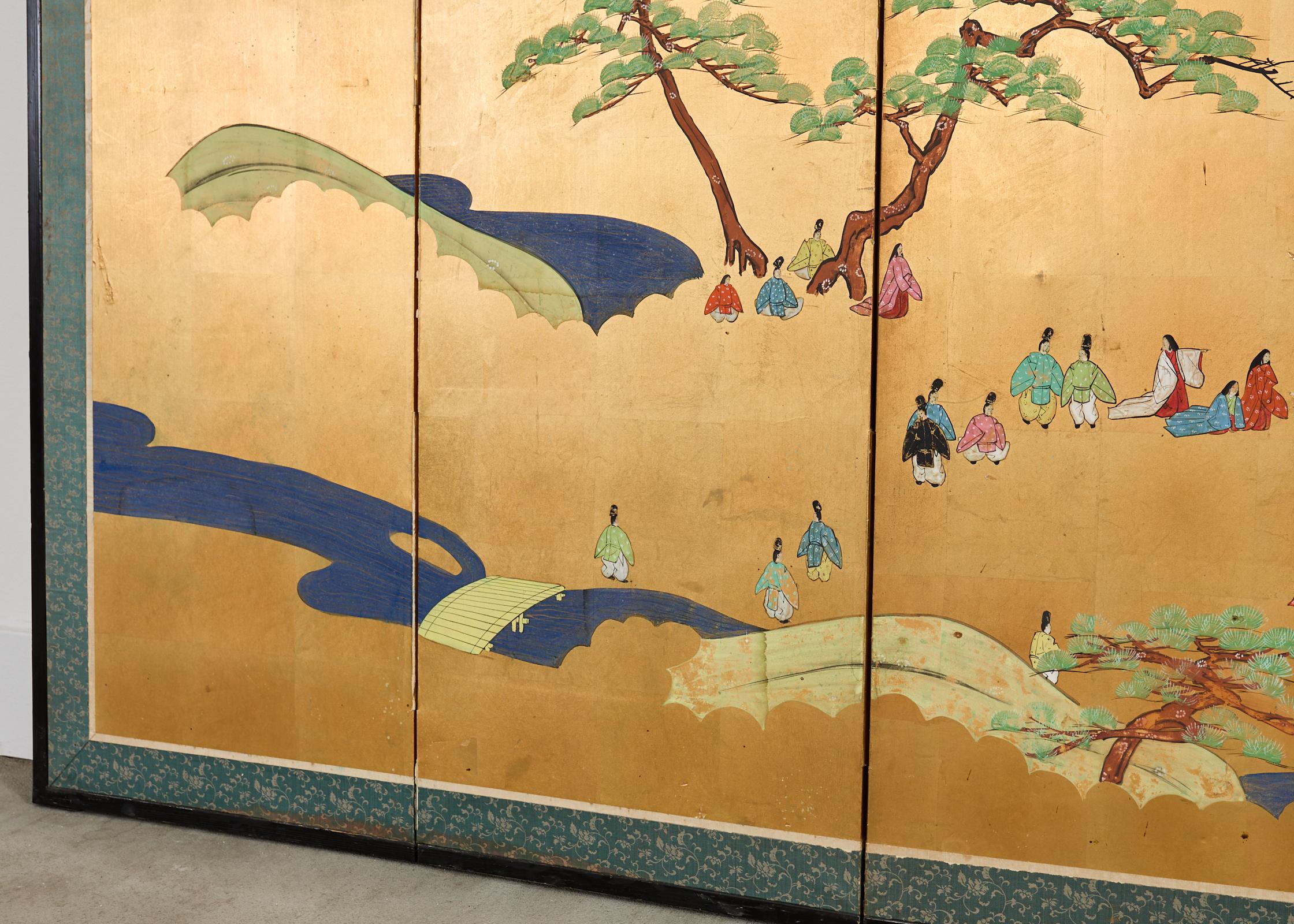 Japanische Showa Sechs-Panel-Bildschirm Tales of Genji auf Gilt im Angebot 6