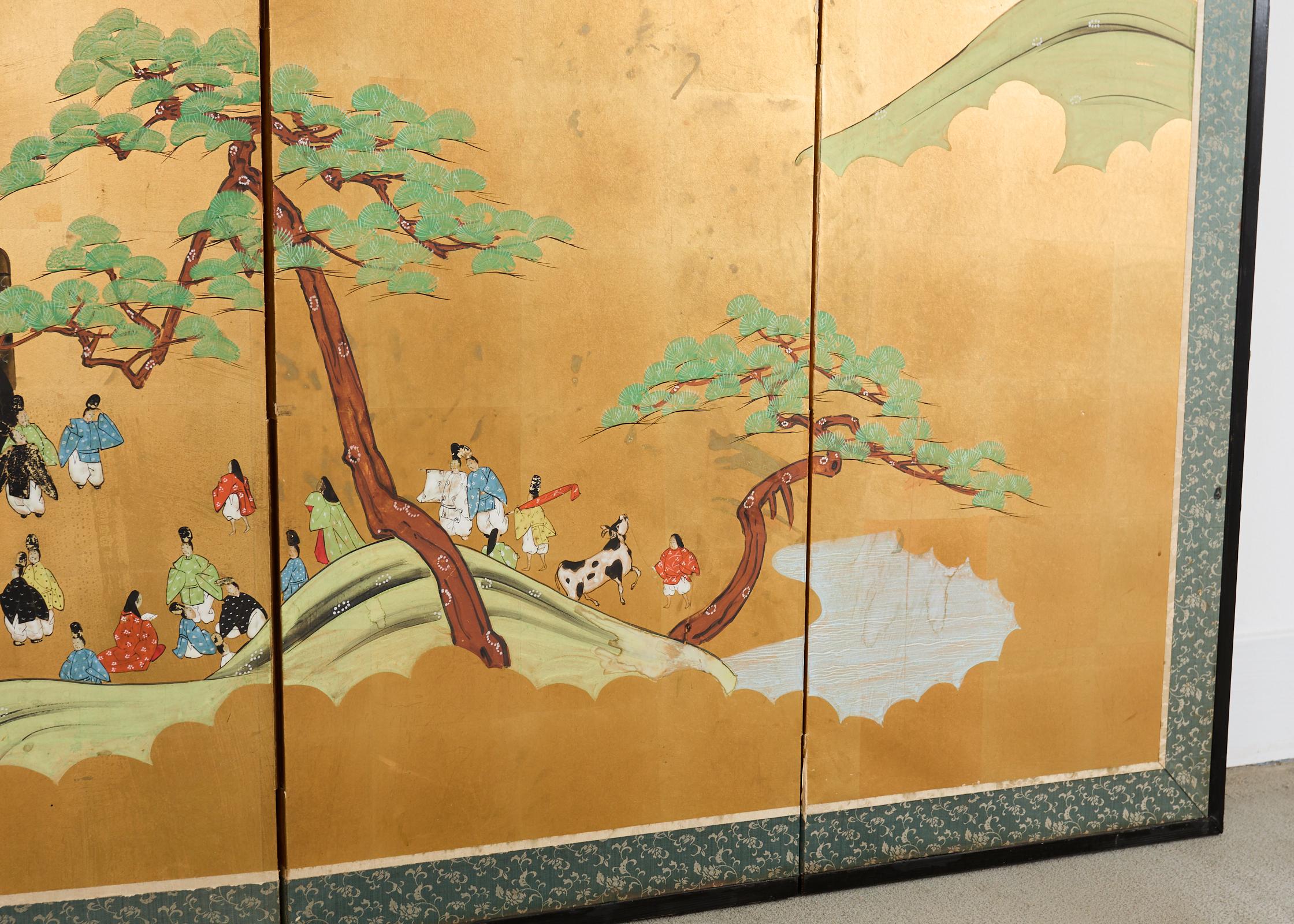 Japanische Showa Sechs-Panel-Bildschirm Tales of Genji auf Gilt im Angebot 7