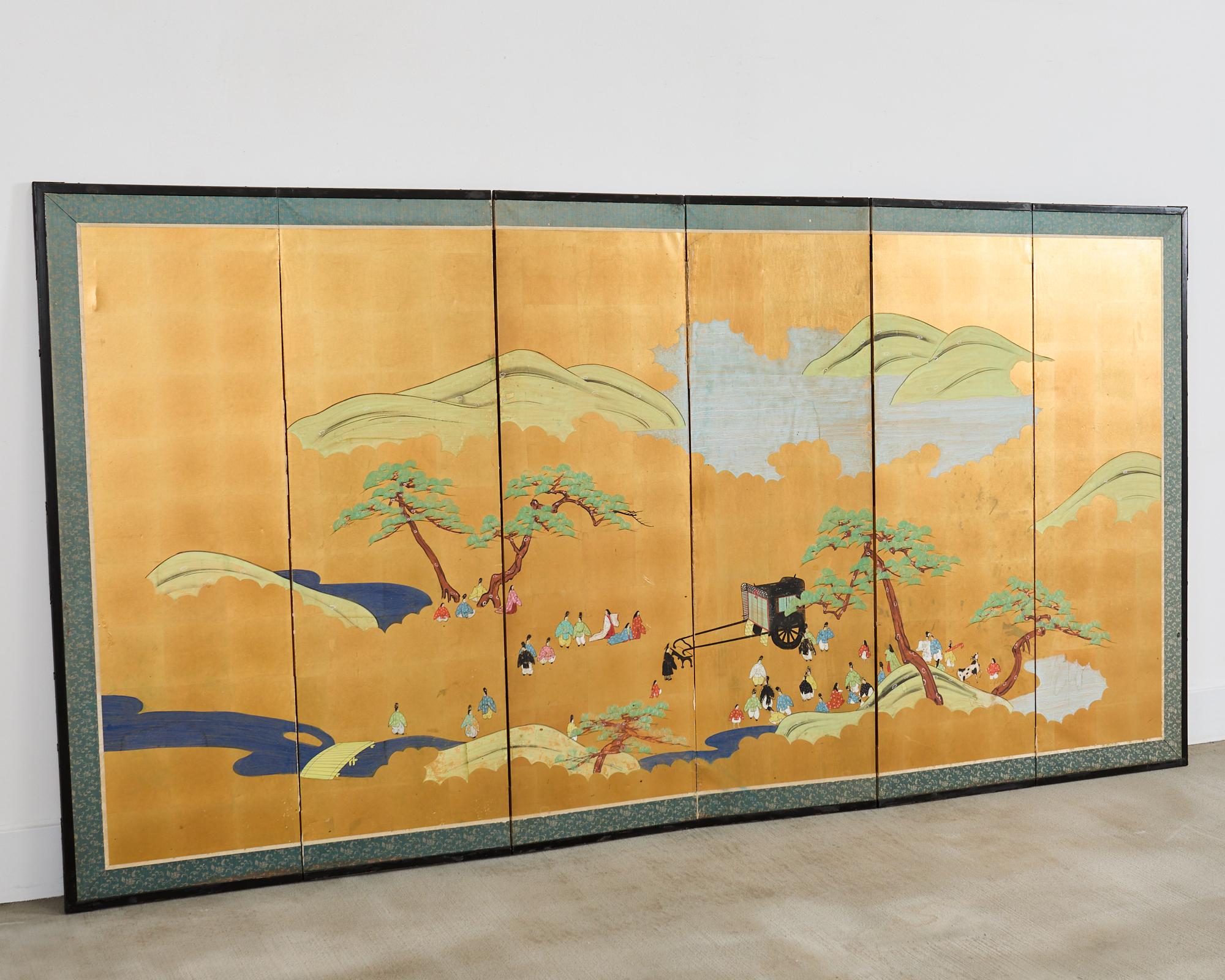 Japanische Showa Sechs-Panel-Bildschirm Tales of Genji auf Gilt im Angebot 8