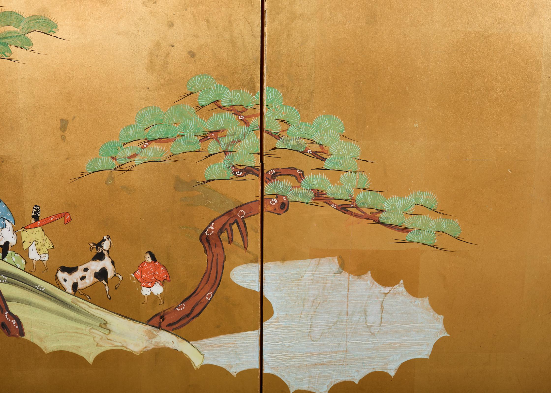 Japanische Showa Sechs-Panel-Bildschirm Tales of Genji auf Gilt im Angebot 10