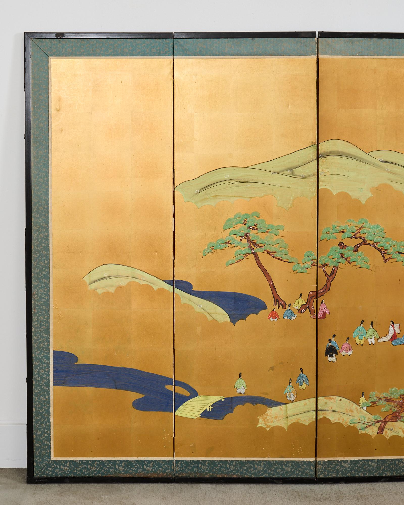 Japanische Showa Sechs-Panel-Bildschirm Tales of Genji auf Gilt (Handgefertigt) im Angebot