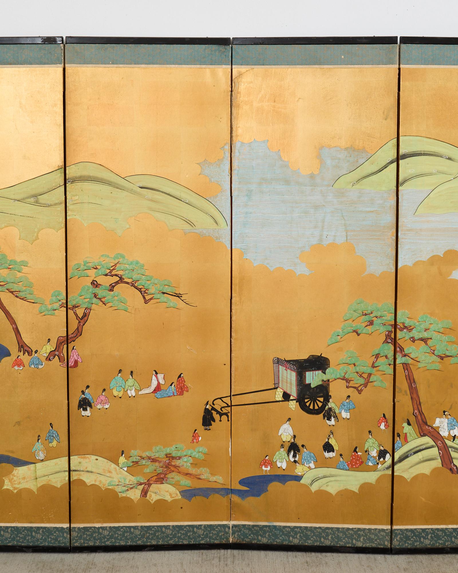 Japanische Showa Sechs-Panel-Bildschirm Tales of Genji auf Gilt im Zustand „Starke Gebrauchsspuren“ im Angebot in Rio Vista, CA