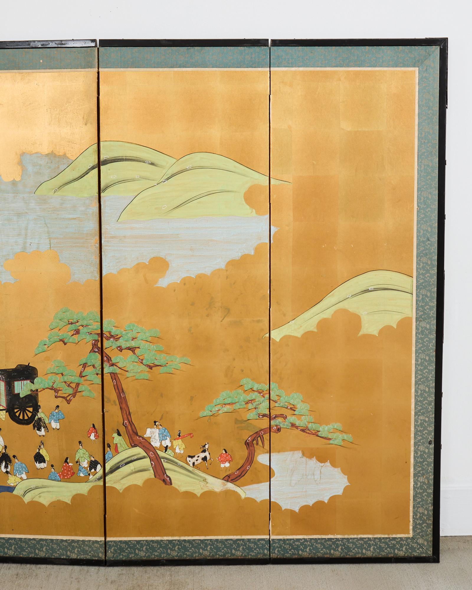 Japanische Showa Sechs-Panel-Bildschirm Tales of Genji auf Gilt (20. Jahrhundert) im Angebot
