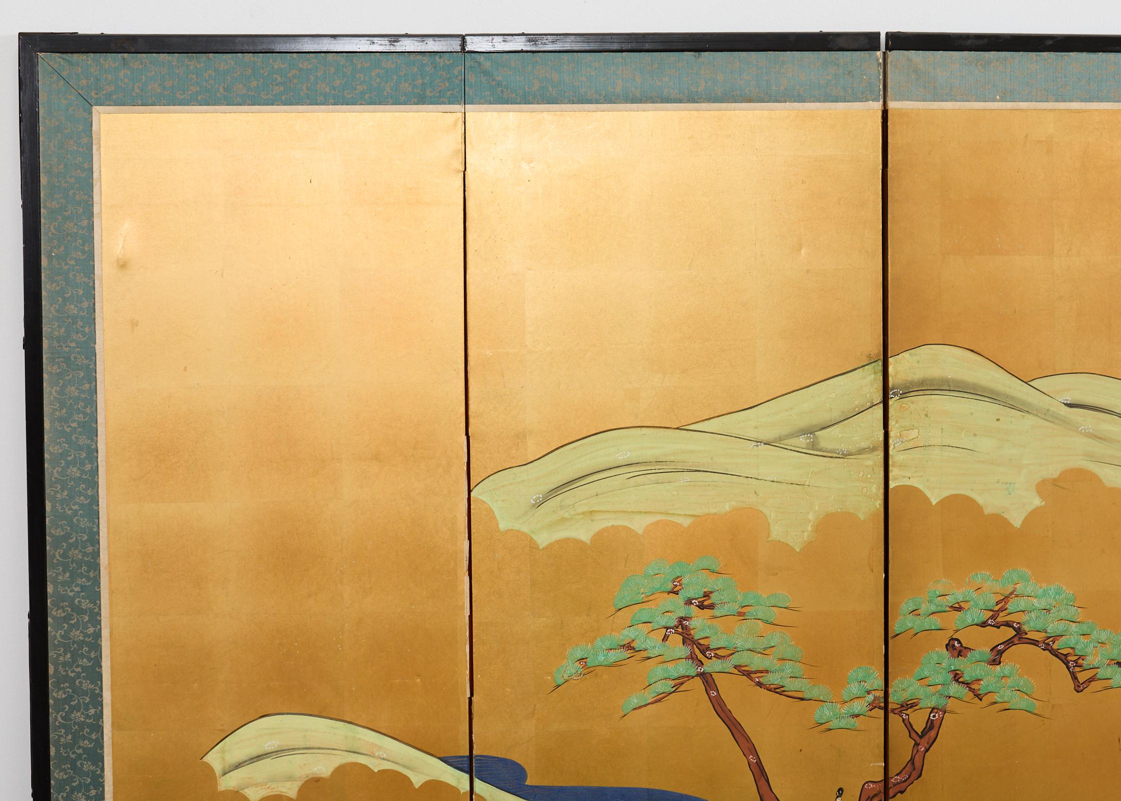 Japanische Showa Sechs-Panel-Bildschirm Tales of Genji auf Gilt (Seide) im Angebot