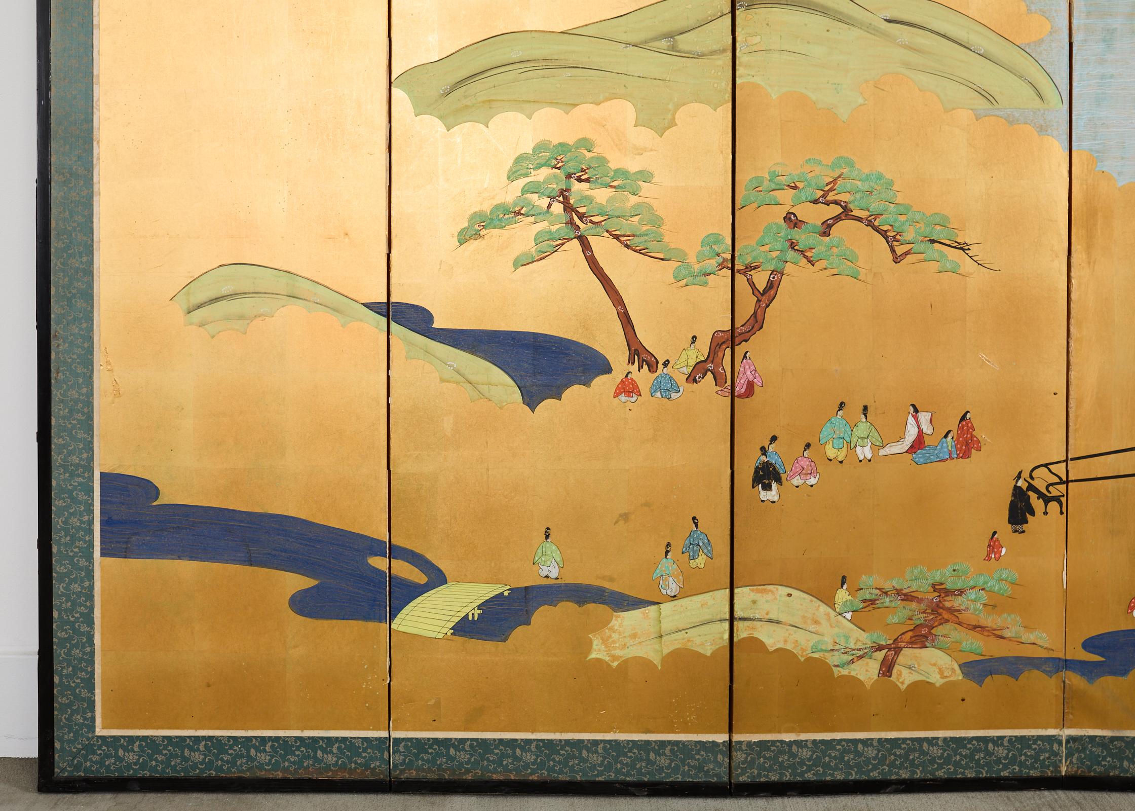 Japanische Showa Sechs-Panel-Bildschirm Tales of Genji auf Gilt im Angebot 1