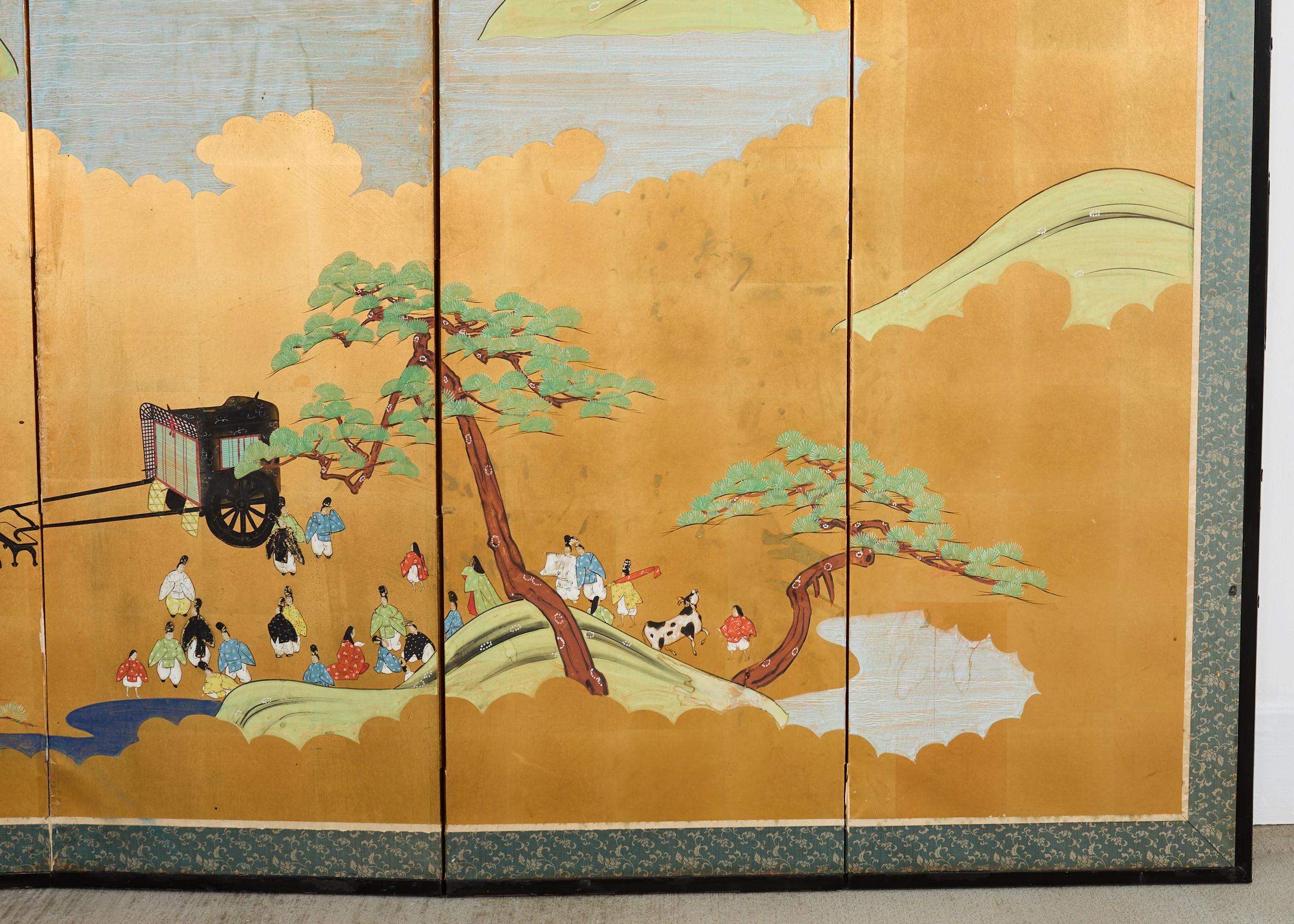 Japanische Showa Sechs-Panel-Bildschirm Tales of Genji auf Gilt im Angebot 3