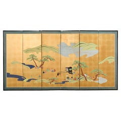 Japanese Showa Six Panel Screen Tales of Genji on Gilt