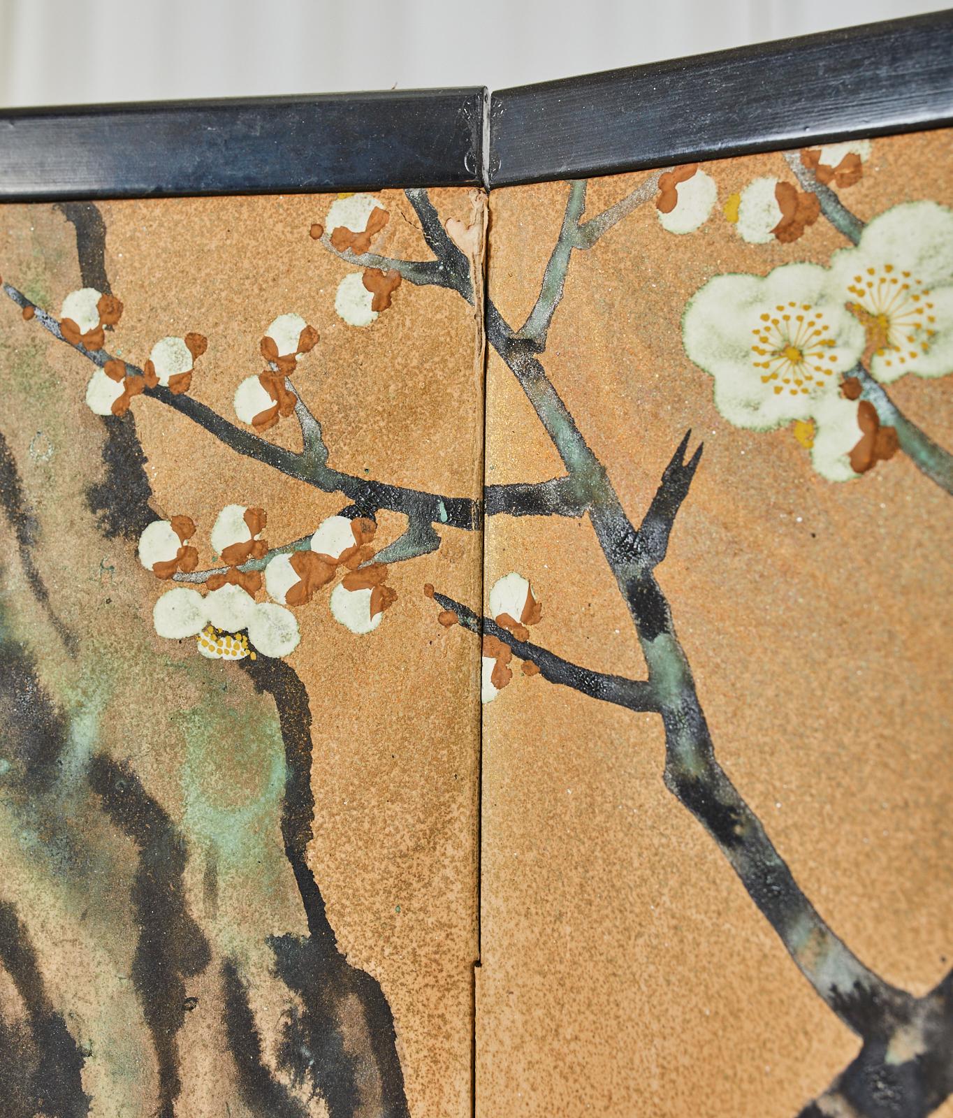 Japanese Showa Two Panel Screen Blossoming Prunus Tree For Sale 7