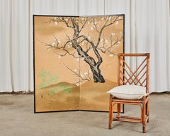 Japanese Showa Two Panel Screen Blossoming Prunus Tree