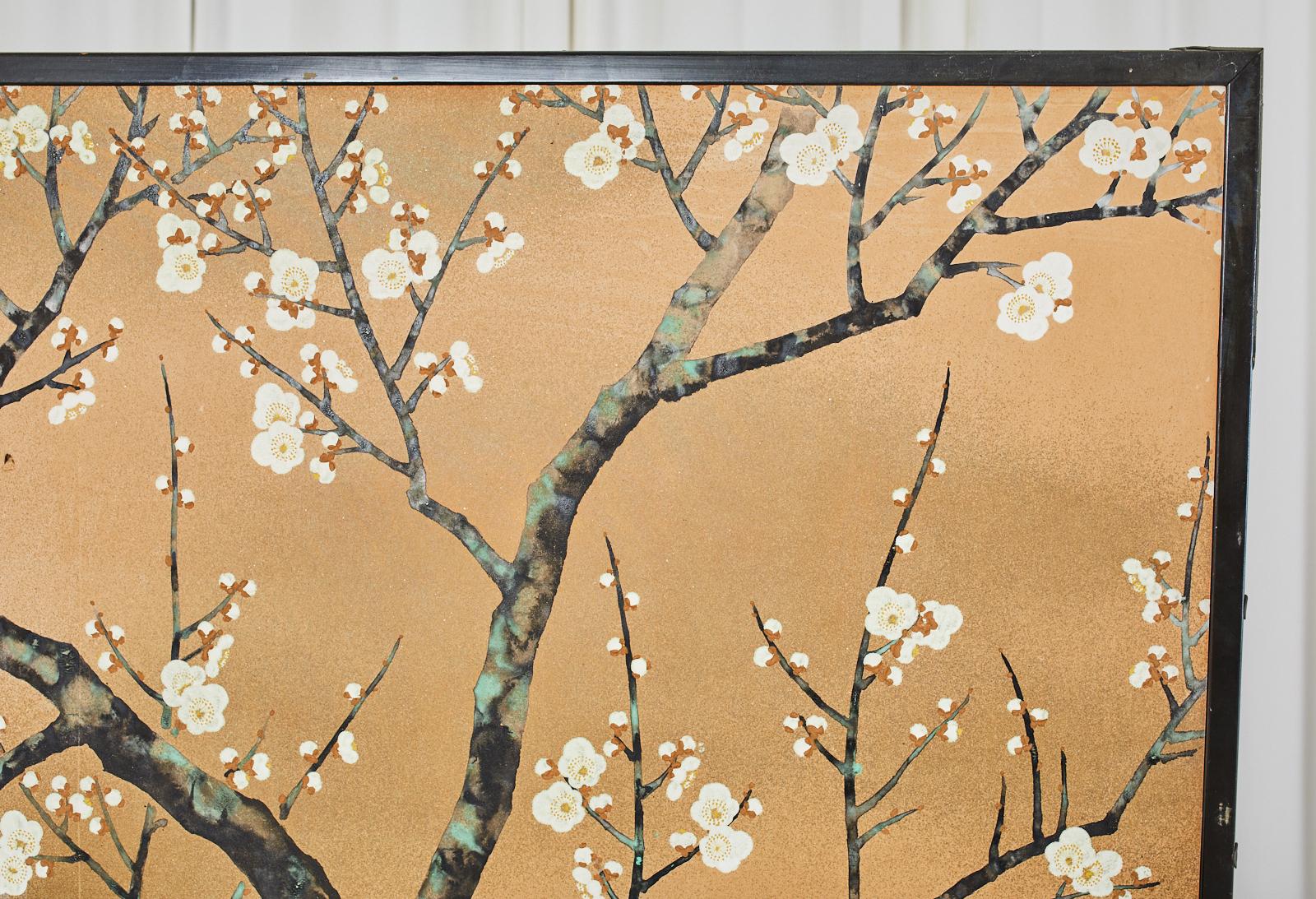 Etched Japanese Showa Two Panel Screen Blossoming Prunus Tree For Sale