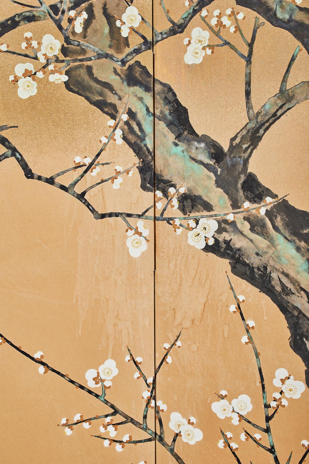 20th Century Japanese Showa Two Panel Screen Blossoming Prunus Tree For Sale