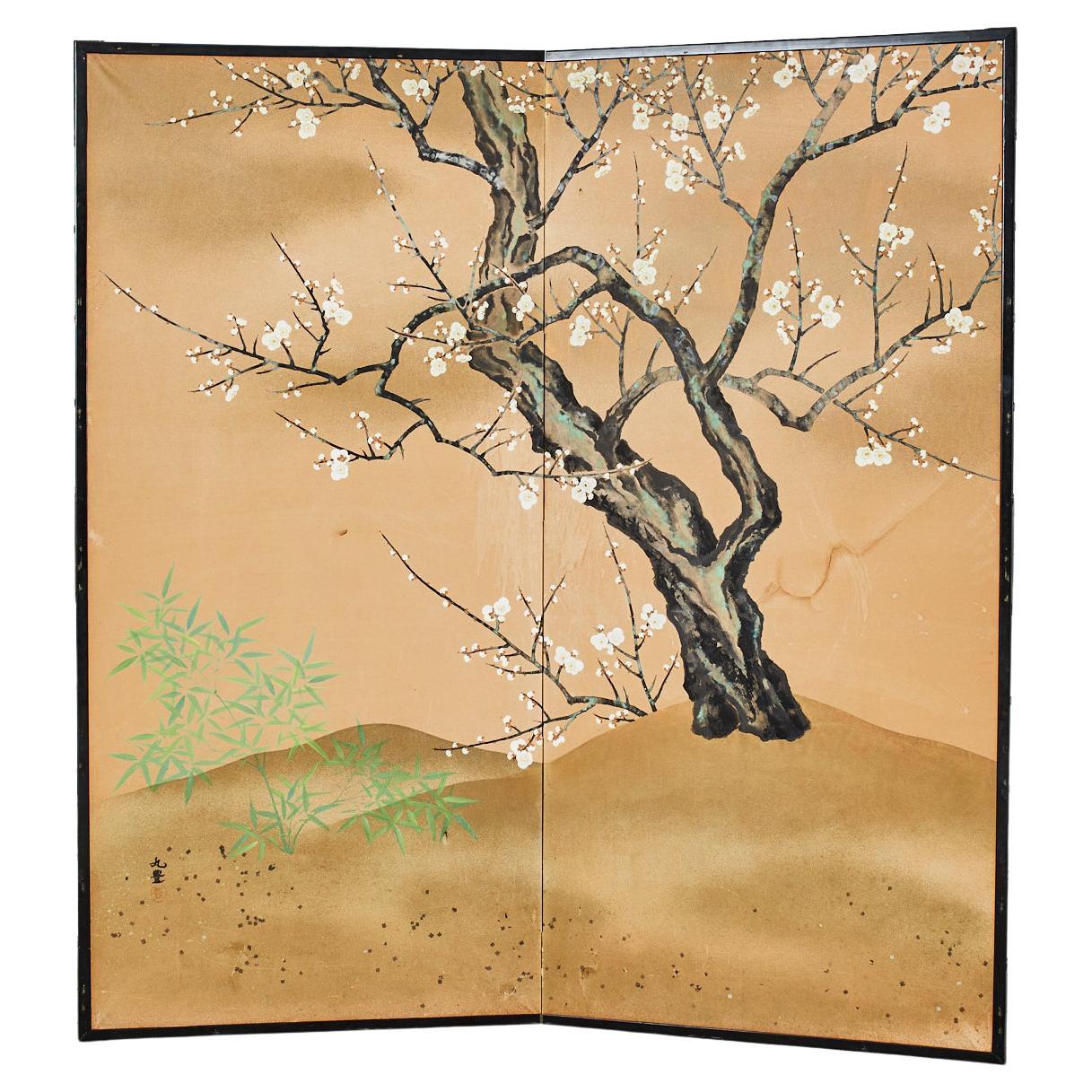 Japanese Showa Two Panel Screen Blossoming Prunus Tree For Sale