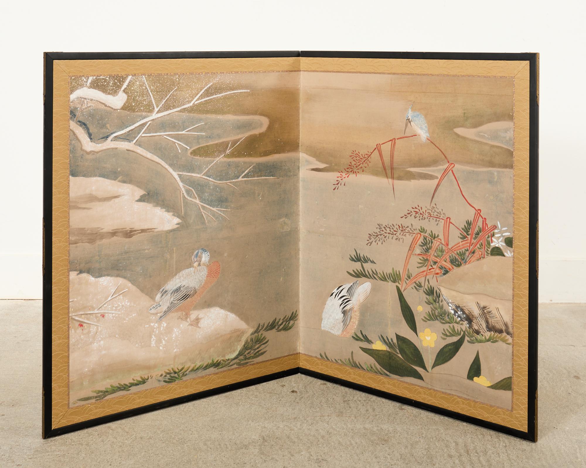 Japanese Showa Two Panel Screen Ducks in Winter Landscape For Sale 4