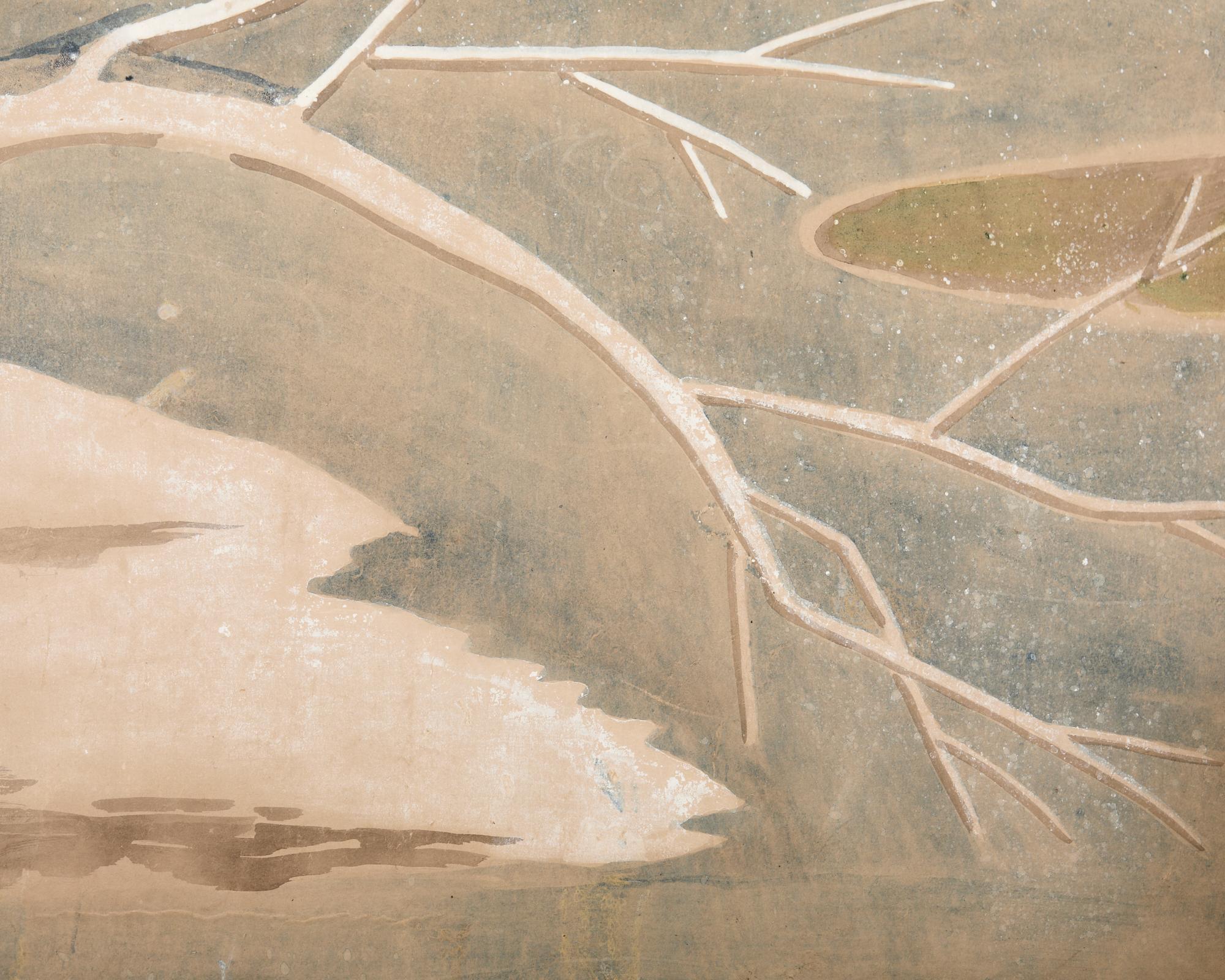 Japanese Showa Two Panel Screen Ducks in Winter Landscape For Sale 8