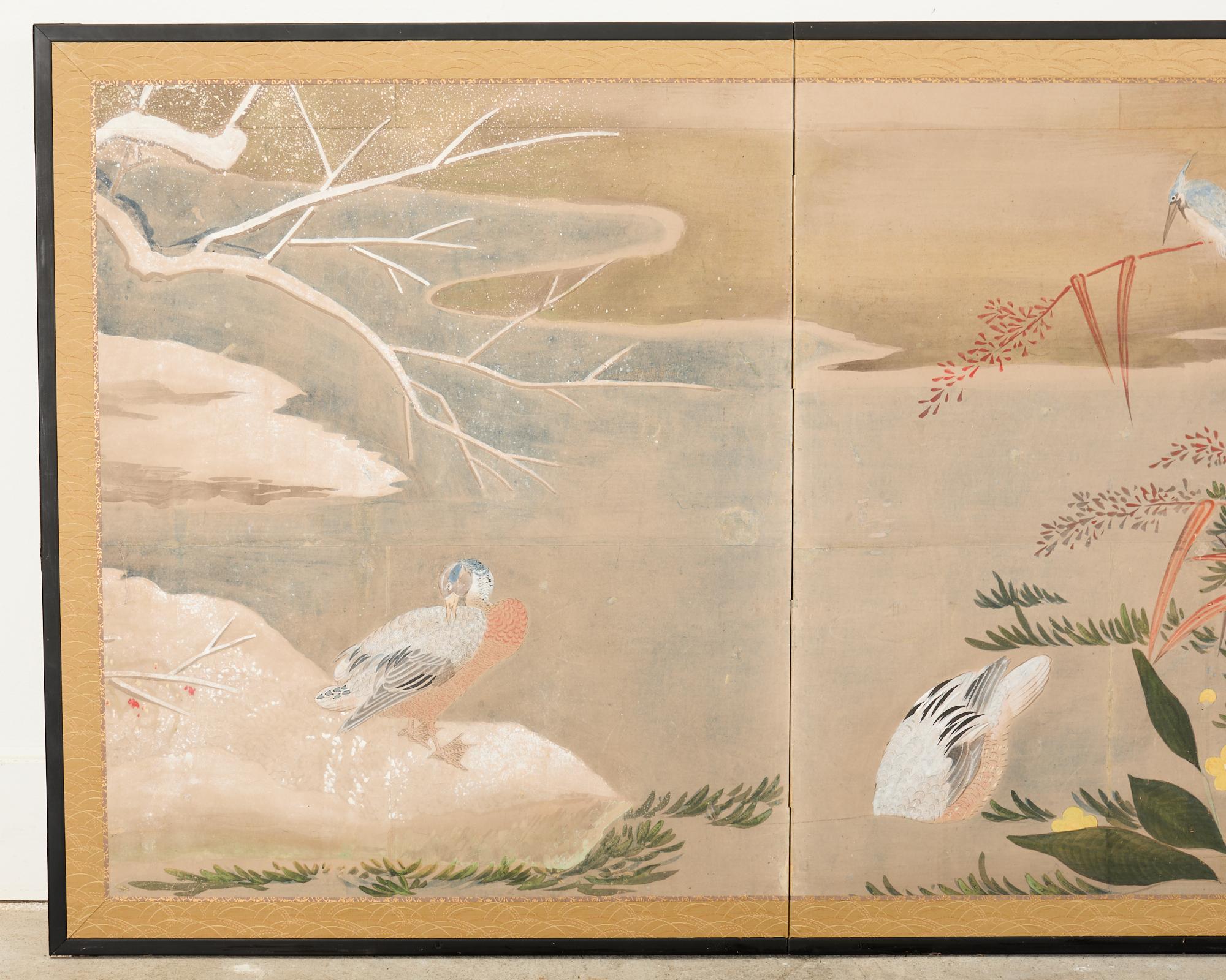 Hand-Crafted Japanese Showa Two Panel Screen Ducks in Winter Landscape For Sale