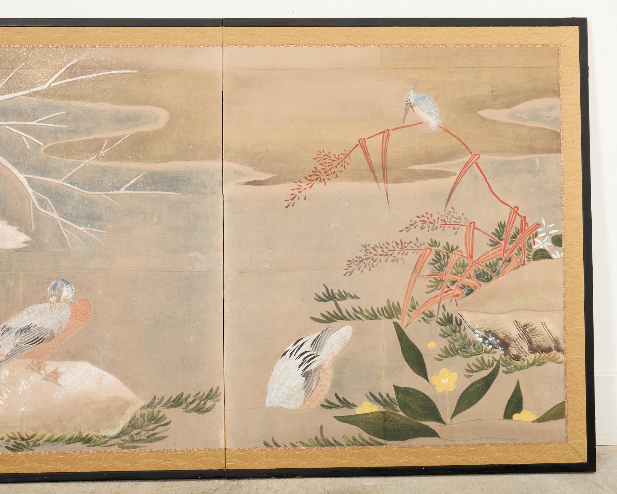 Japanese Showa Two Panel Screen Ducks in Winter Landscape In Good Condition For Sale In Rio Vista, CA