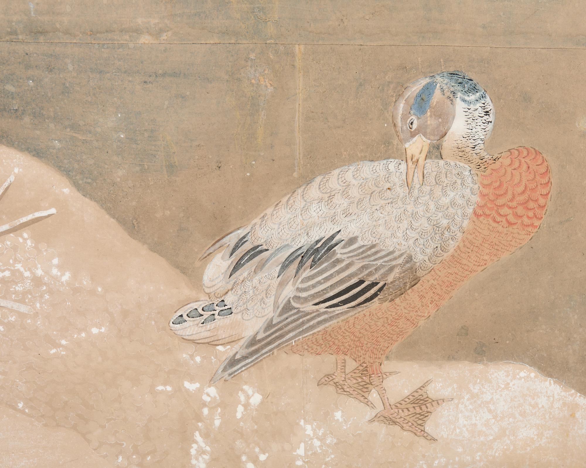 20th Century Japanese Showa Two Panel Screen Ducks in Winter Landscape For Sale