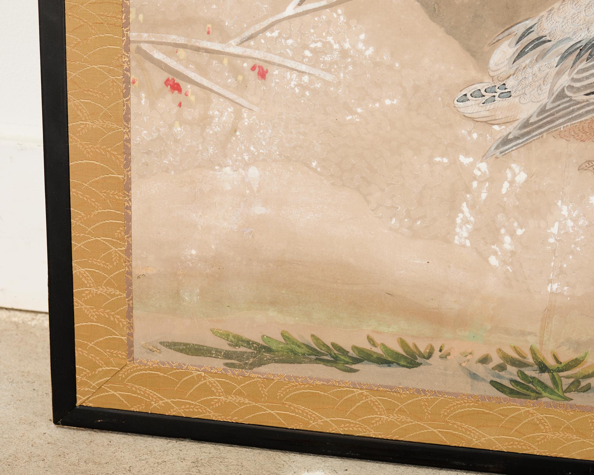 Silk Japanese Showa Two Panel Screen Ducks in Winter Landscape For Sale