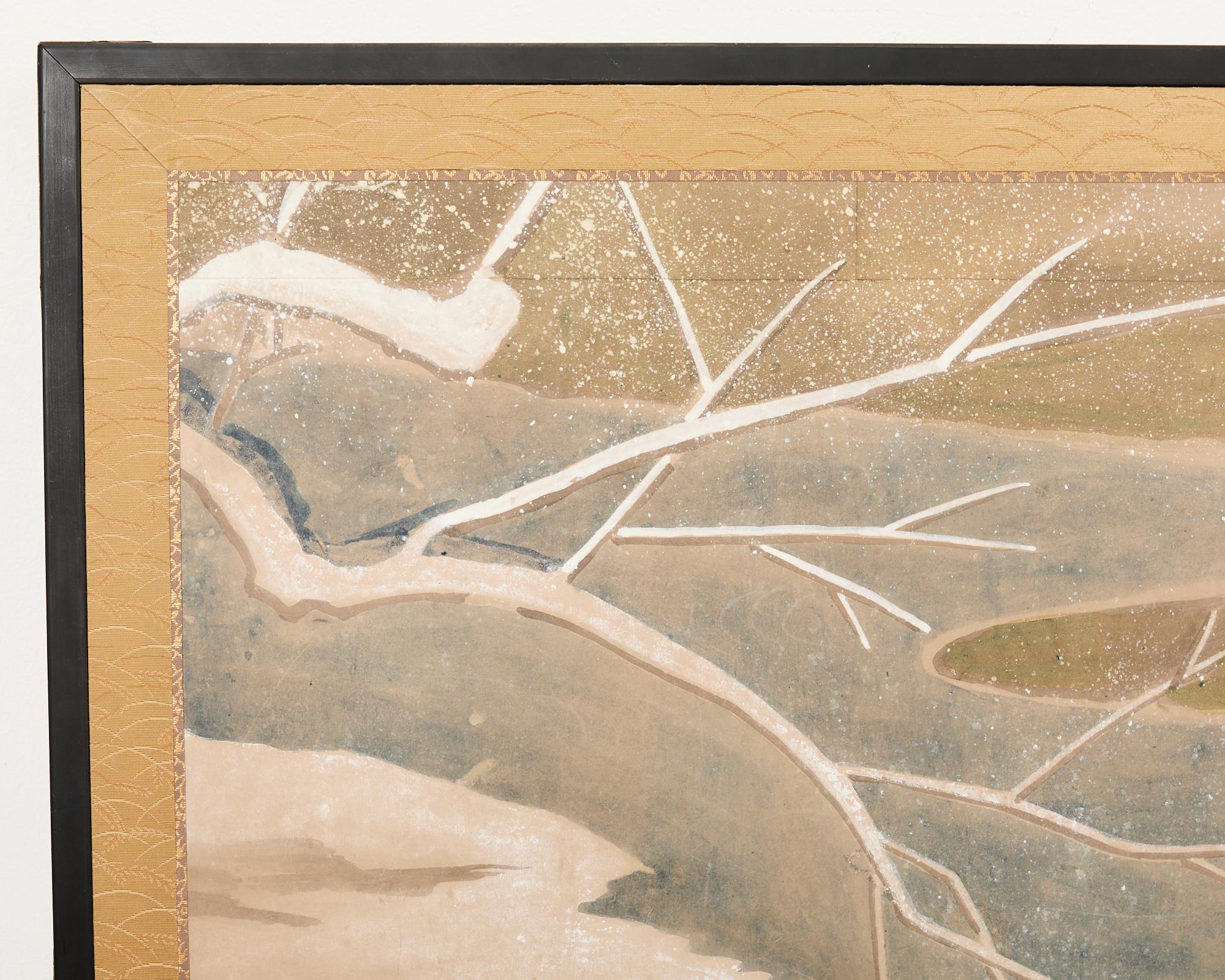 Japanese Showa Two Panel Screen Ducks in Winter Landscape For Sale 1