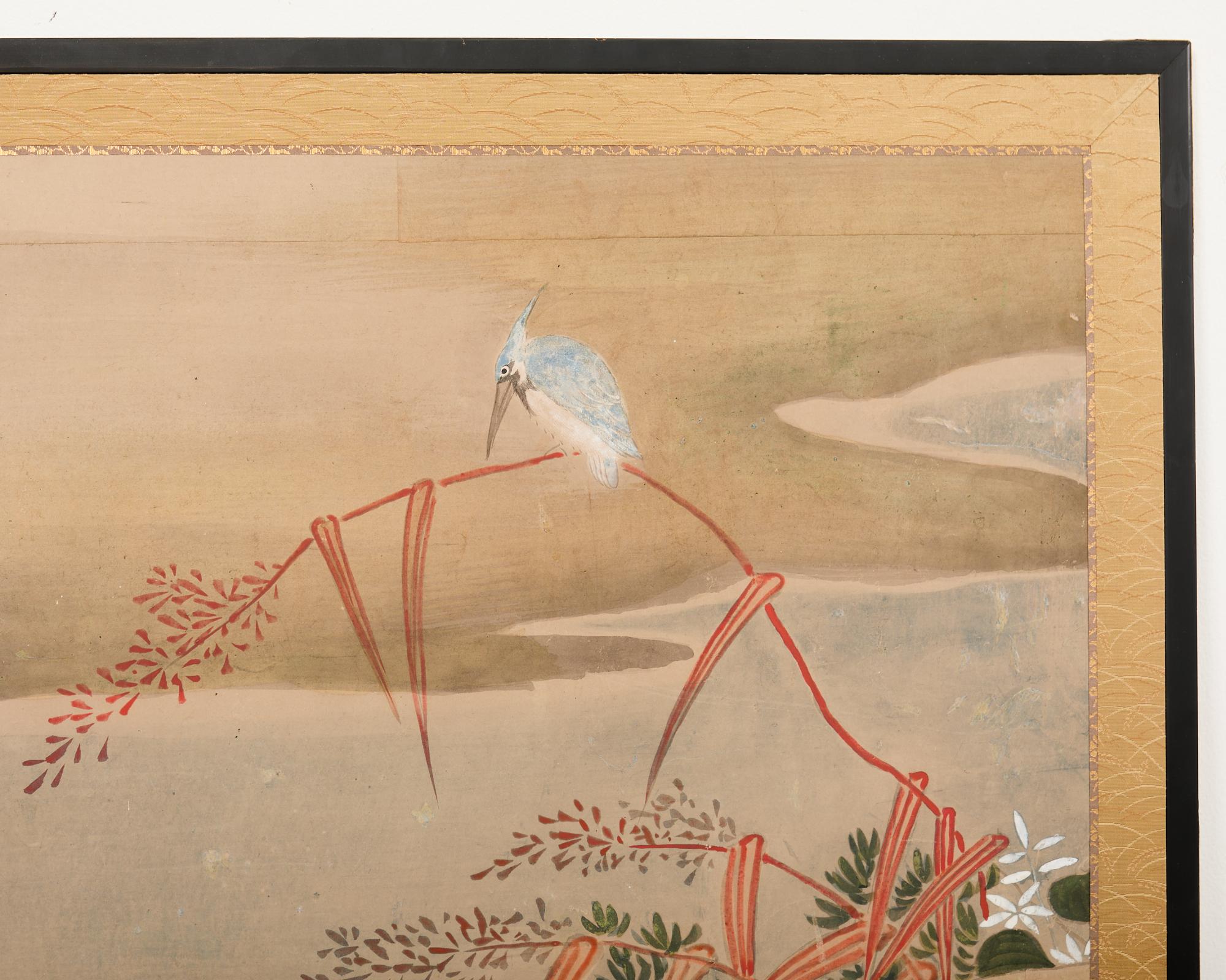 Japanese Showa Two Panel Screen Ducks in Winter Landscape For Sale 3