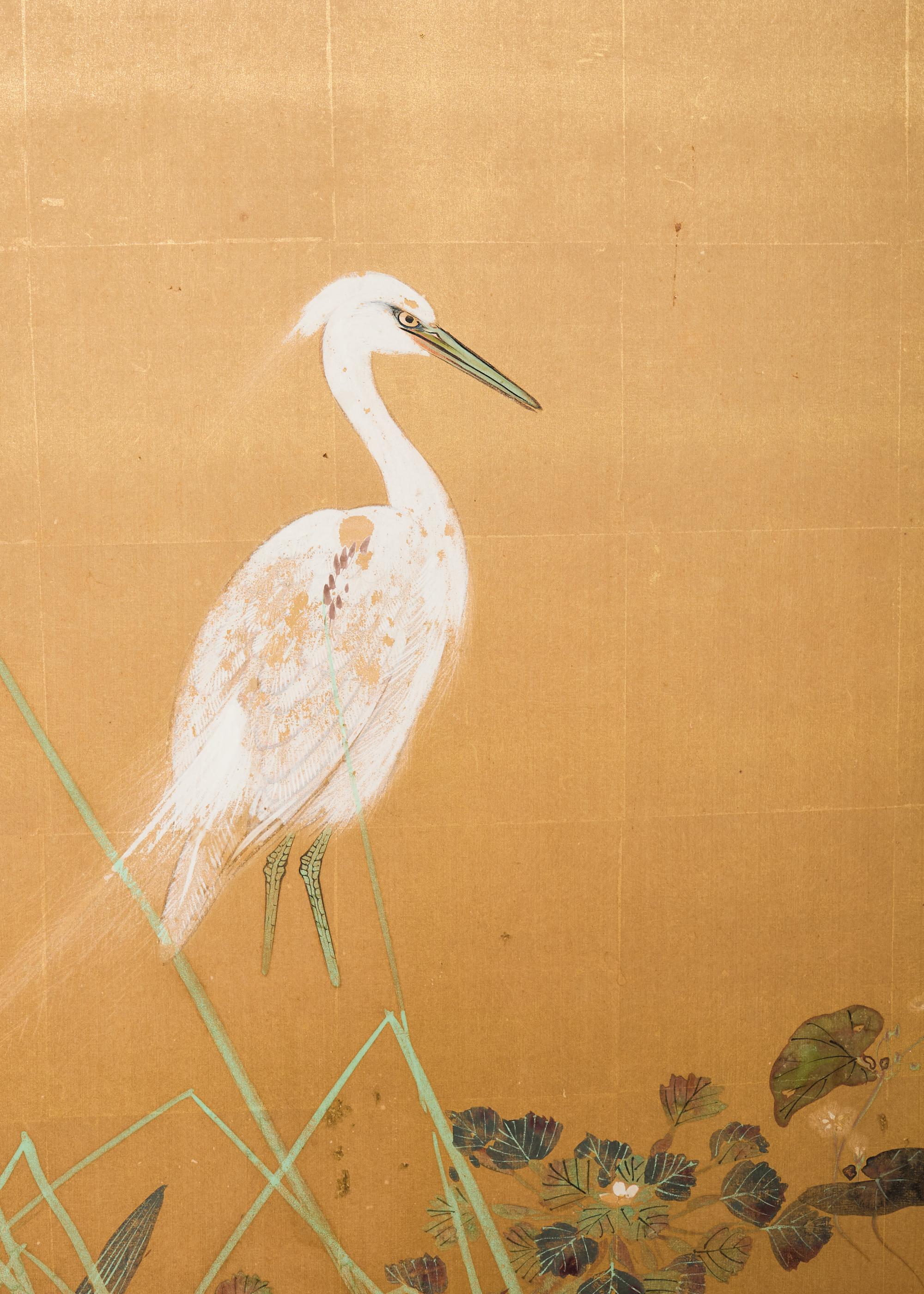 Paravent japonais Showa à deux panneaux Aigrettes dans l'herbe en vente 4