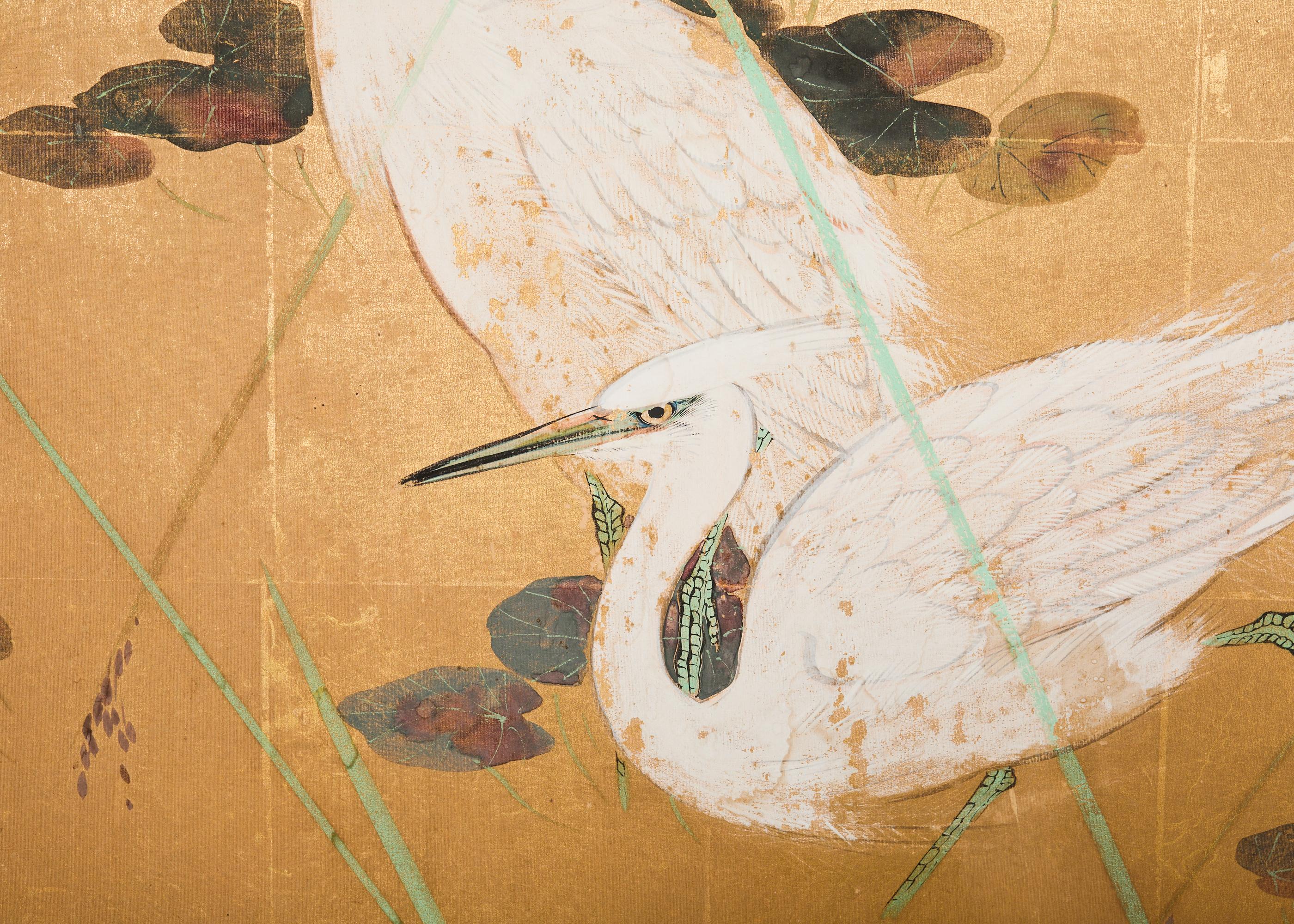 Paravent japonais Showa à deux panneaux Aigrettes dans l'herbe en vente 5