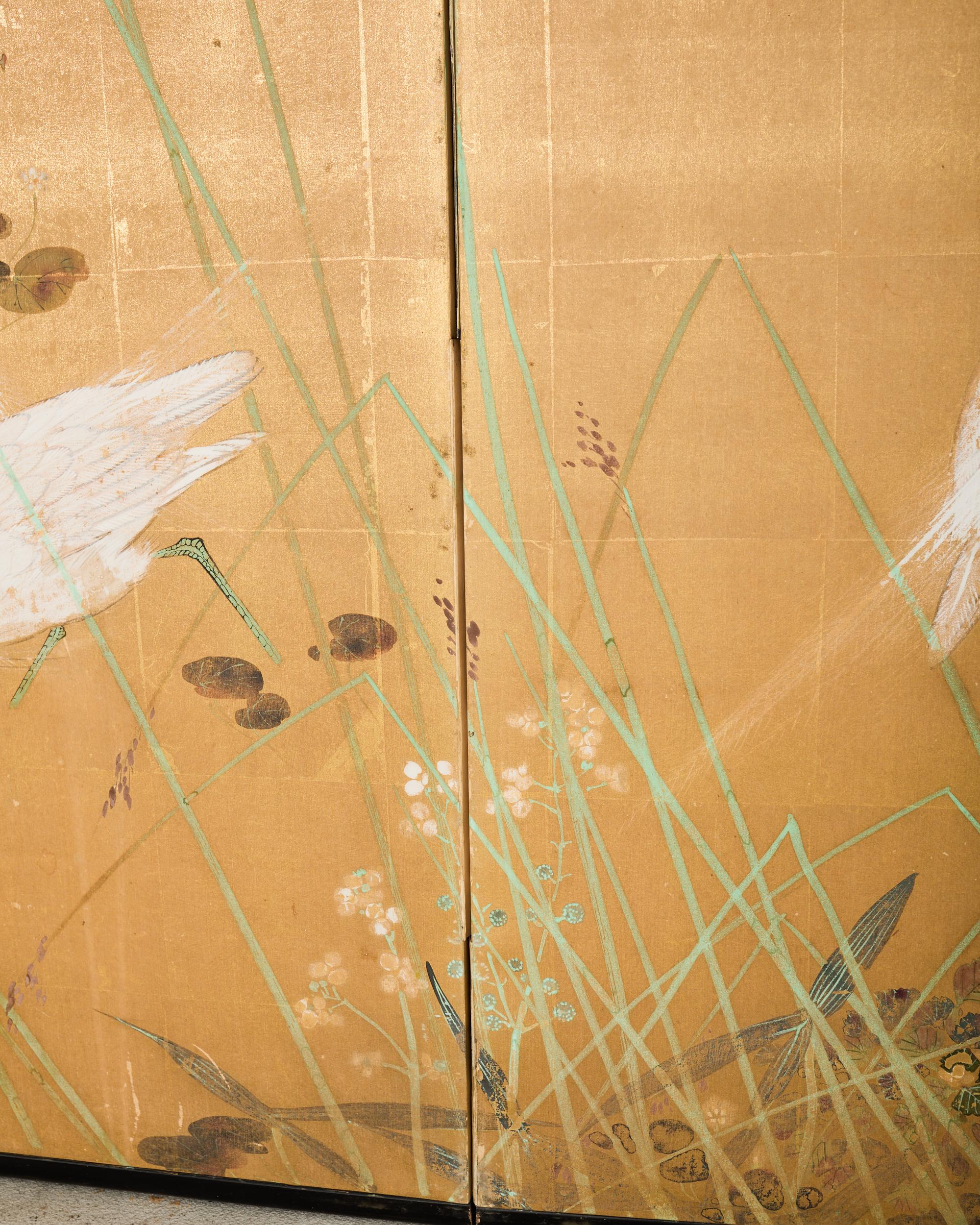 Paravent japonais Showa à deux panneaux Aigrettes dans l'herbe en vente 6
