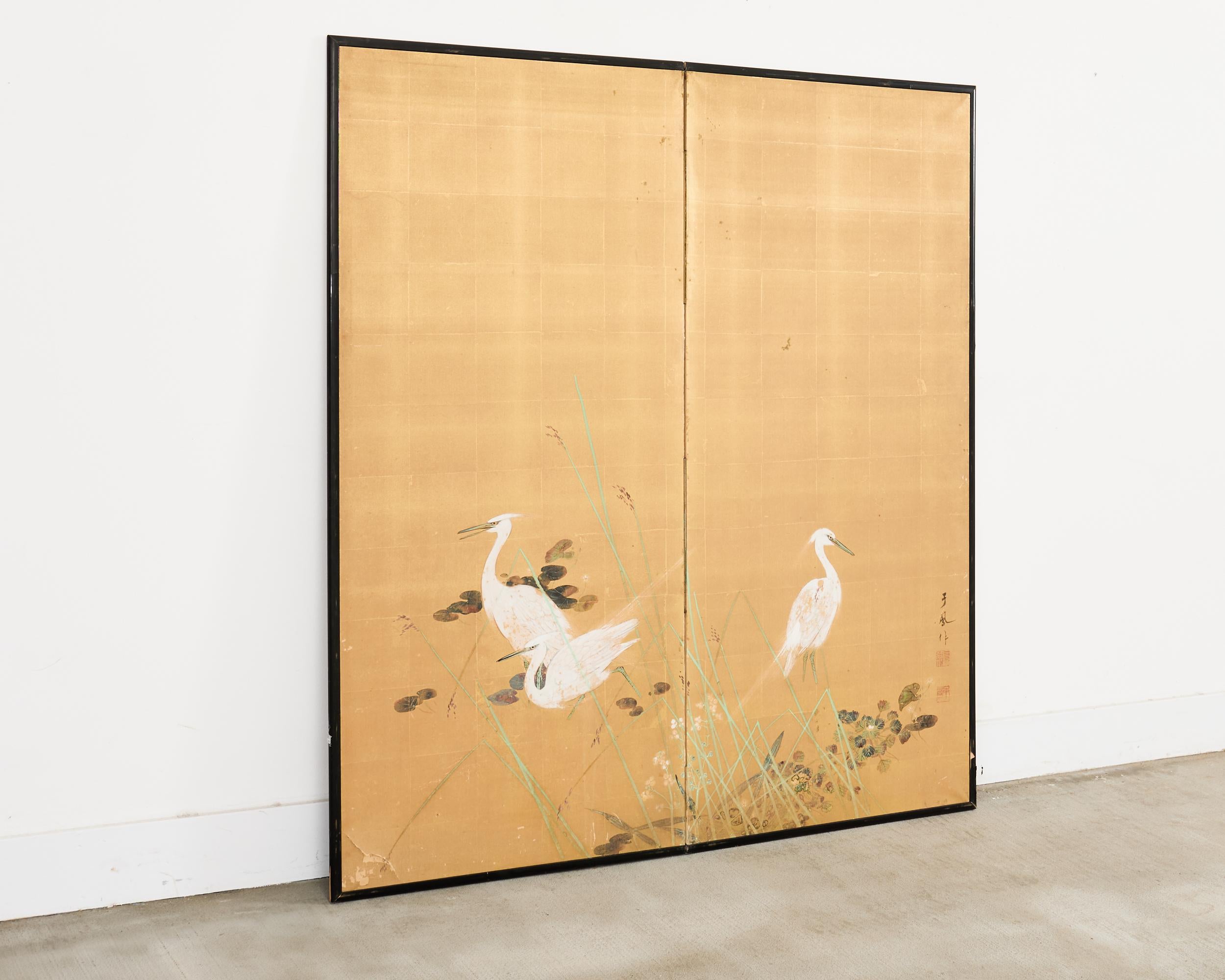 Japonais Paravent japonais Showa à deux panneaux Aigrettes dans l'herbe en vente