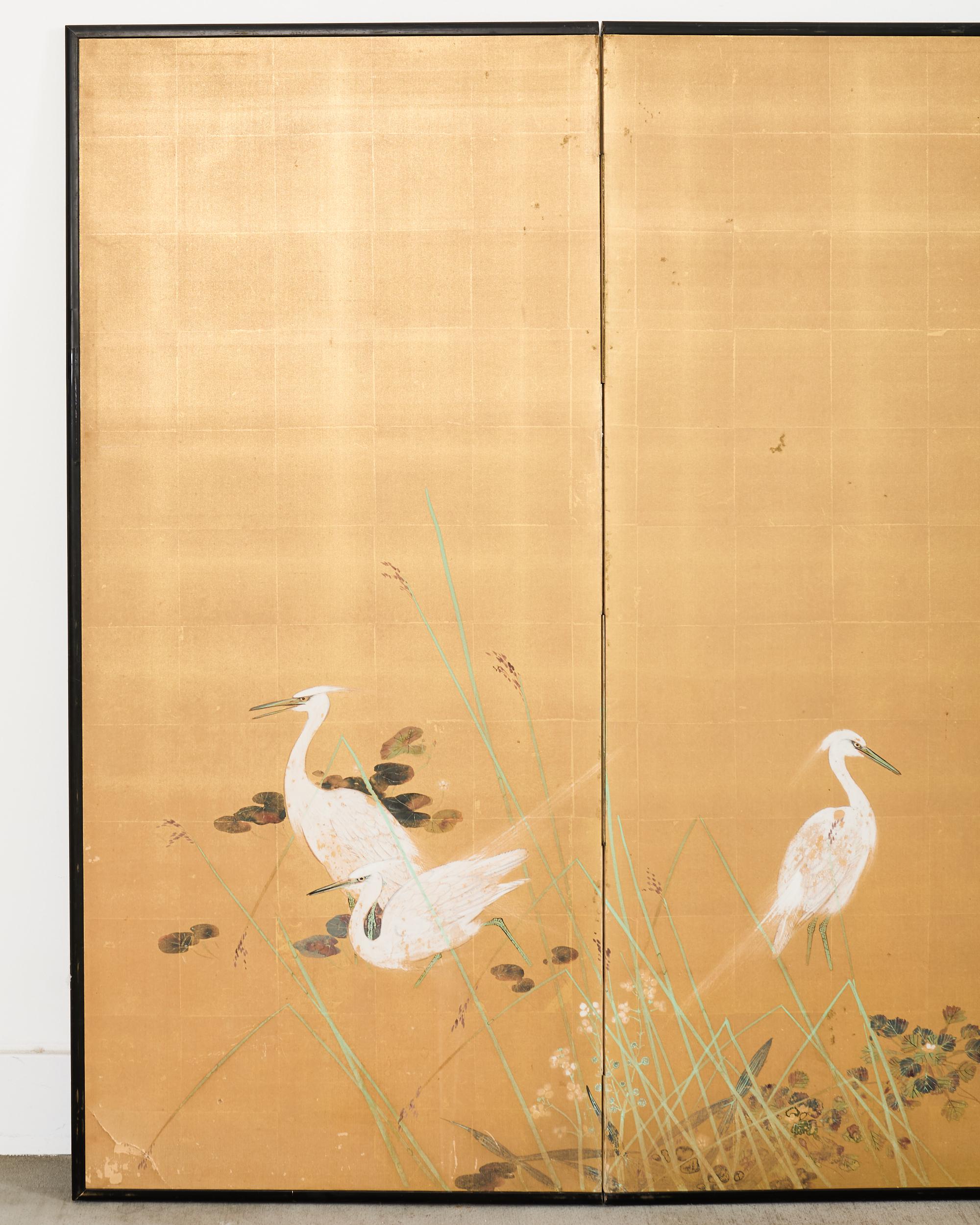 Fait main Paravent japonais Showa à deux panneaux Aigrettes dans l'herbe en vente