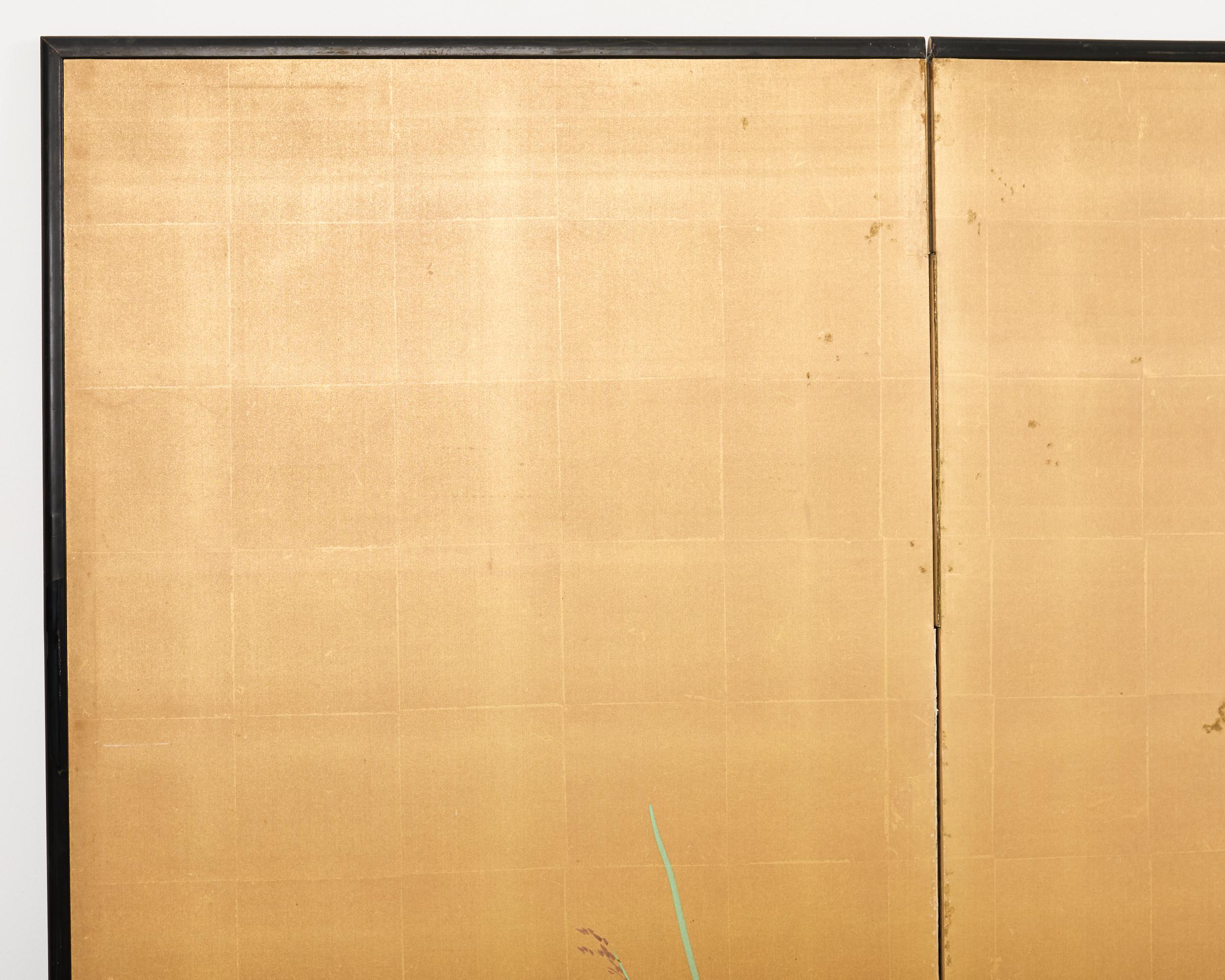 20ième siècle Paravent japonais Showa à deux panneaux Aigrettes dans l'herbe en vente