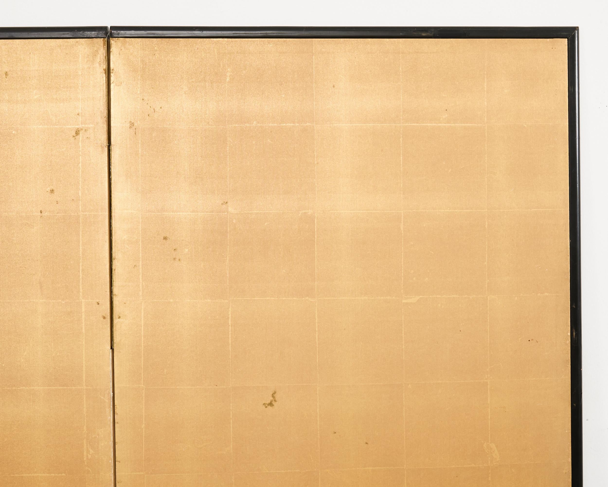 Bois Paravent japonais Showa à deux panneaux Aigrettes dans l'herbe en vente