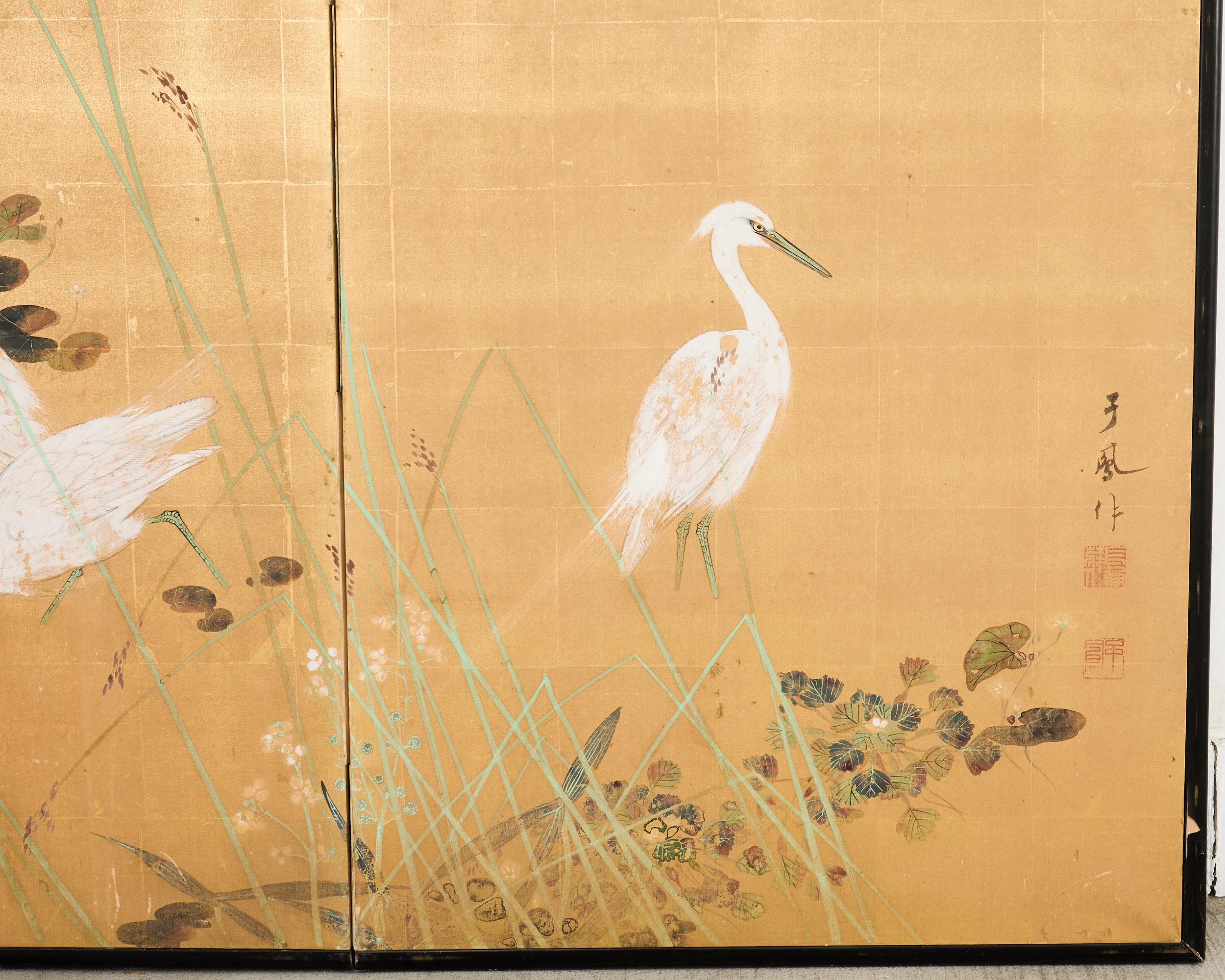 Paravent japonais Showa à deux panneaux Aigrettes dans l'herbe en vente 2