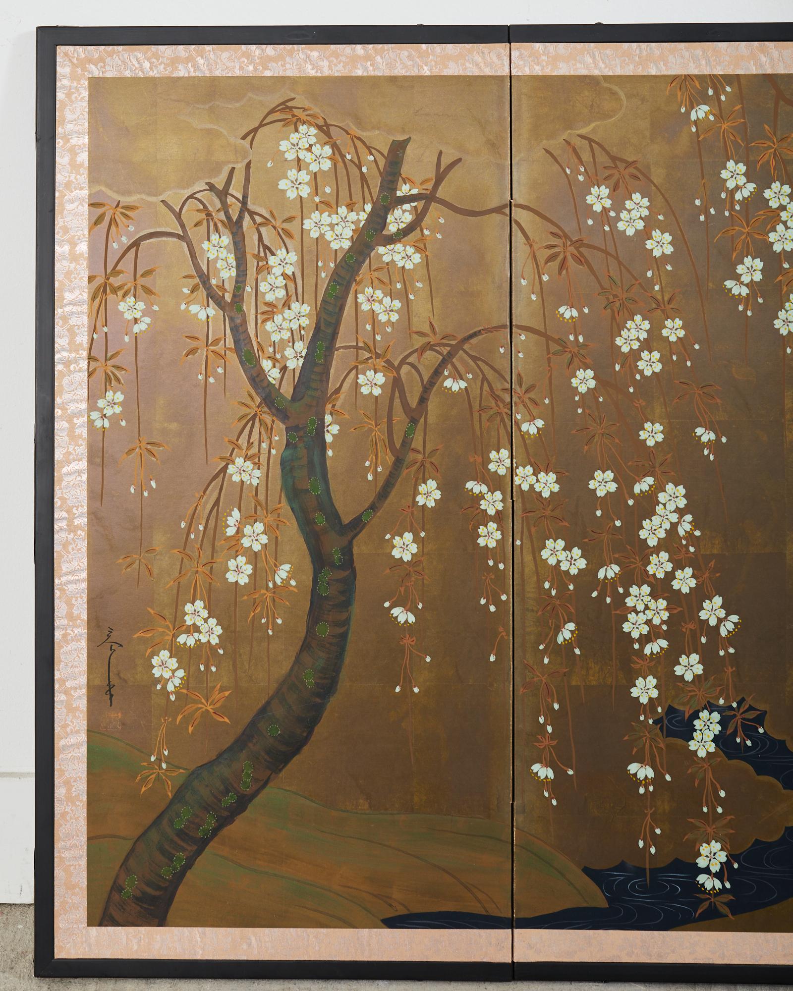Hand-Crafted Japanese Showa Two Panel Screen Flowering Cherry by River For Sale