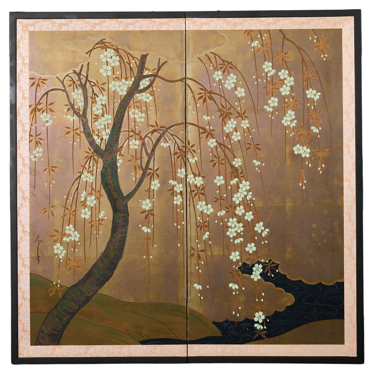 Japanese Showa Two Panel Screen Flowering Cherry by River For Sale