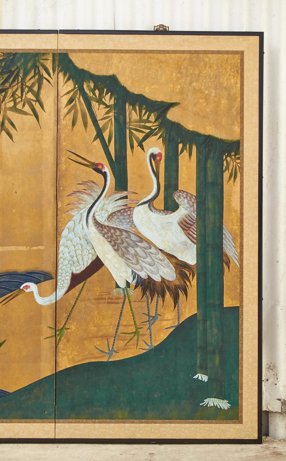 Japanese Showa Two-Panel Screen Manchurian Crane Landscape In Good Condition In Rio Vista, CA