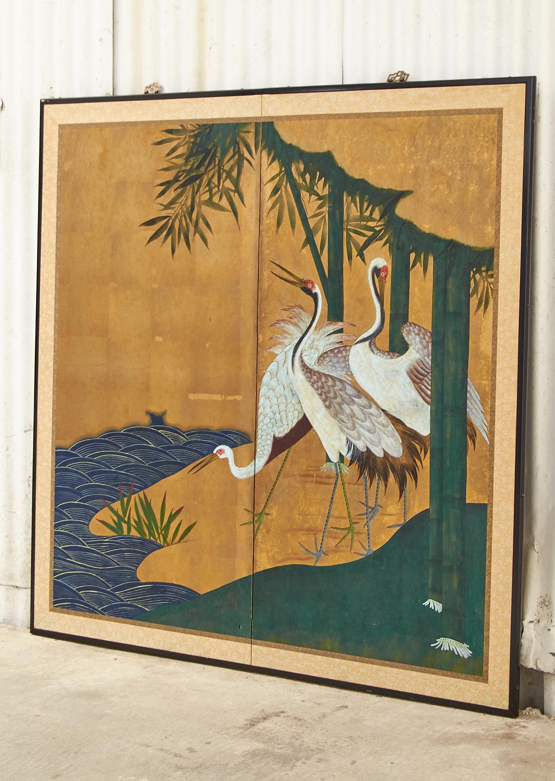 20th Century Japanese Showa Two-Panel Screen Manchurian Crane Landscape