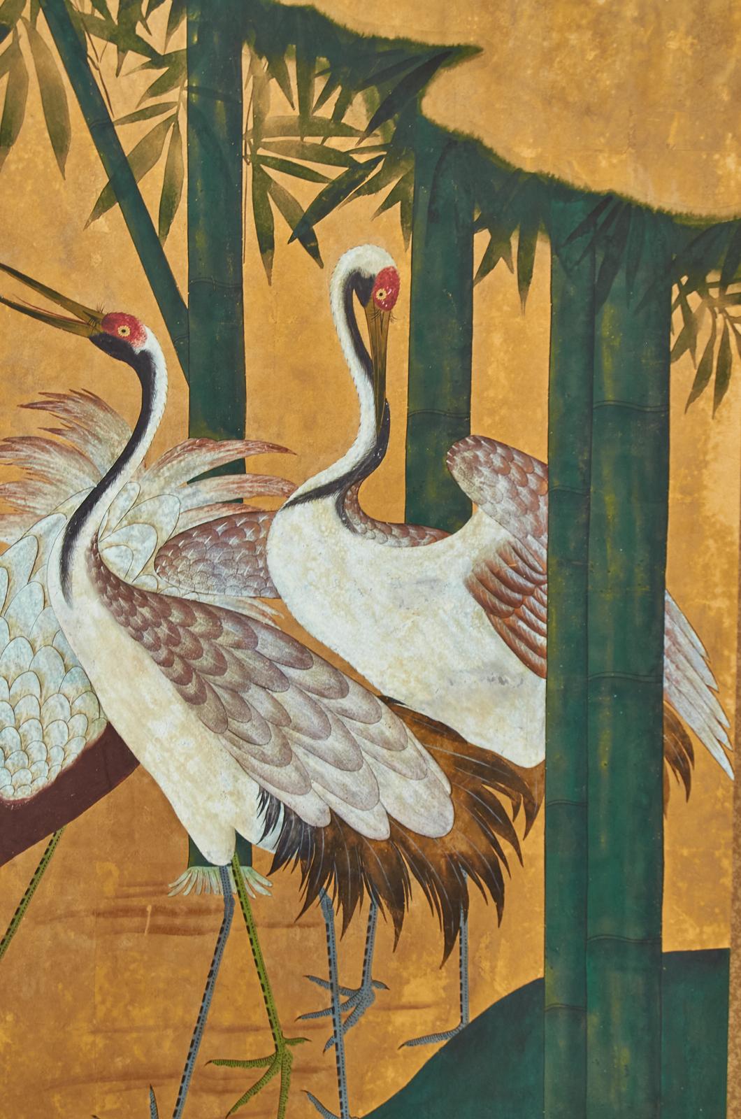Brass Japanese Showa Two-Panel Screen Manchurian Crane Landscape