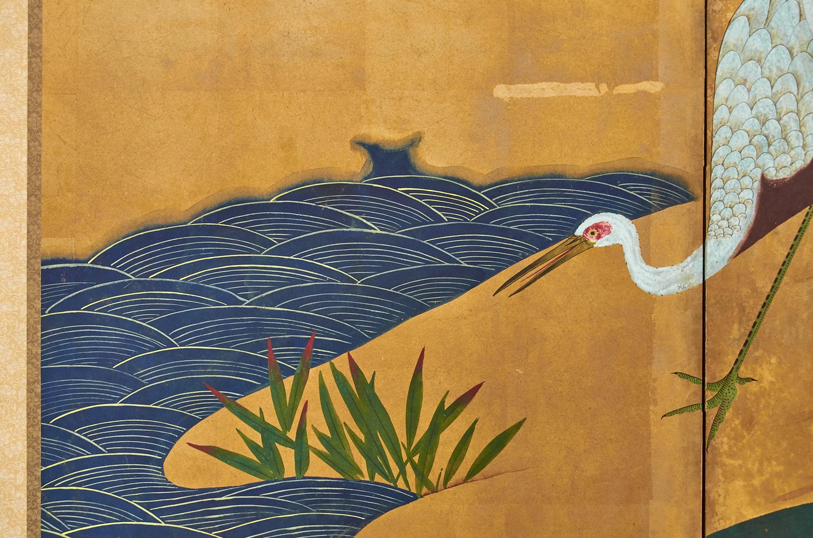 Japanese Showa Two-Panel Screen Manchurian Crane Landscape 1