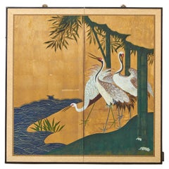Japanese Showa Two-Panel Screen Manchurian Crane Landscape