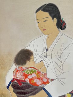 Japanese Shōwa Two-Panel Screen of Mother & Child by Shibata Suika, circa 1930