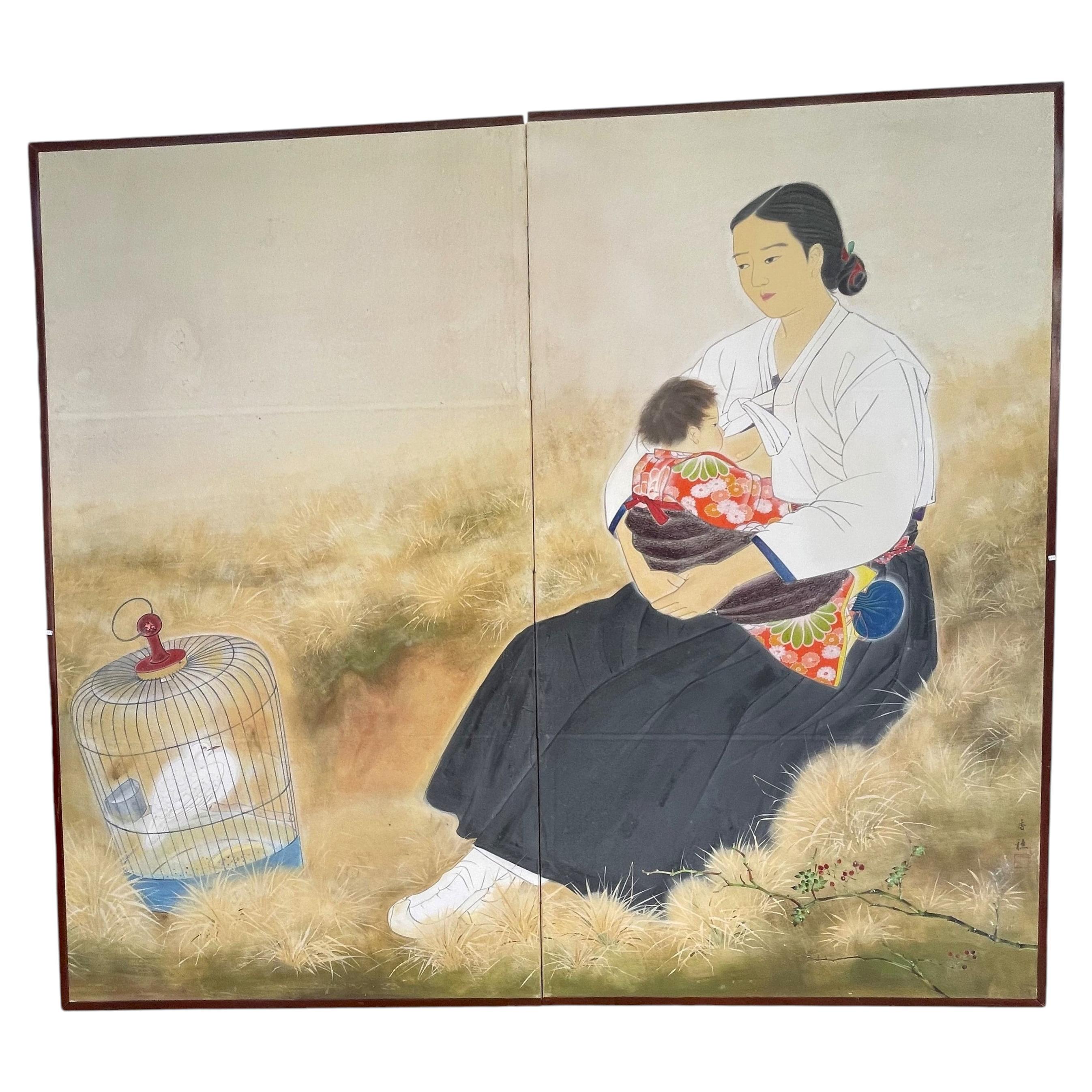 Japanese Shōwa Two-Panel Screen of Mother & Child by Shibata Suika, circa 1930