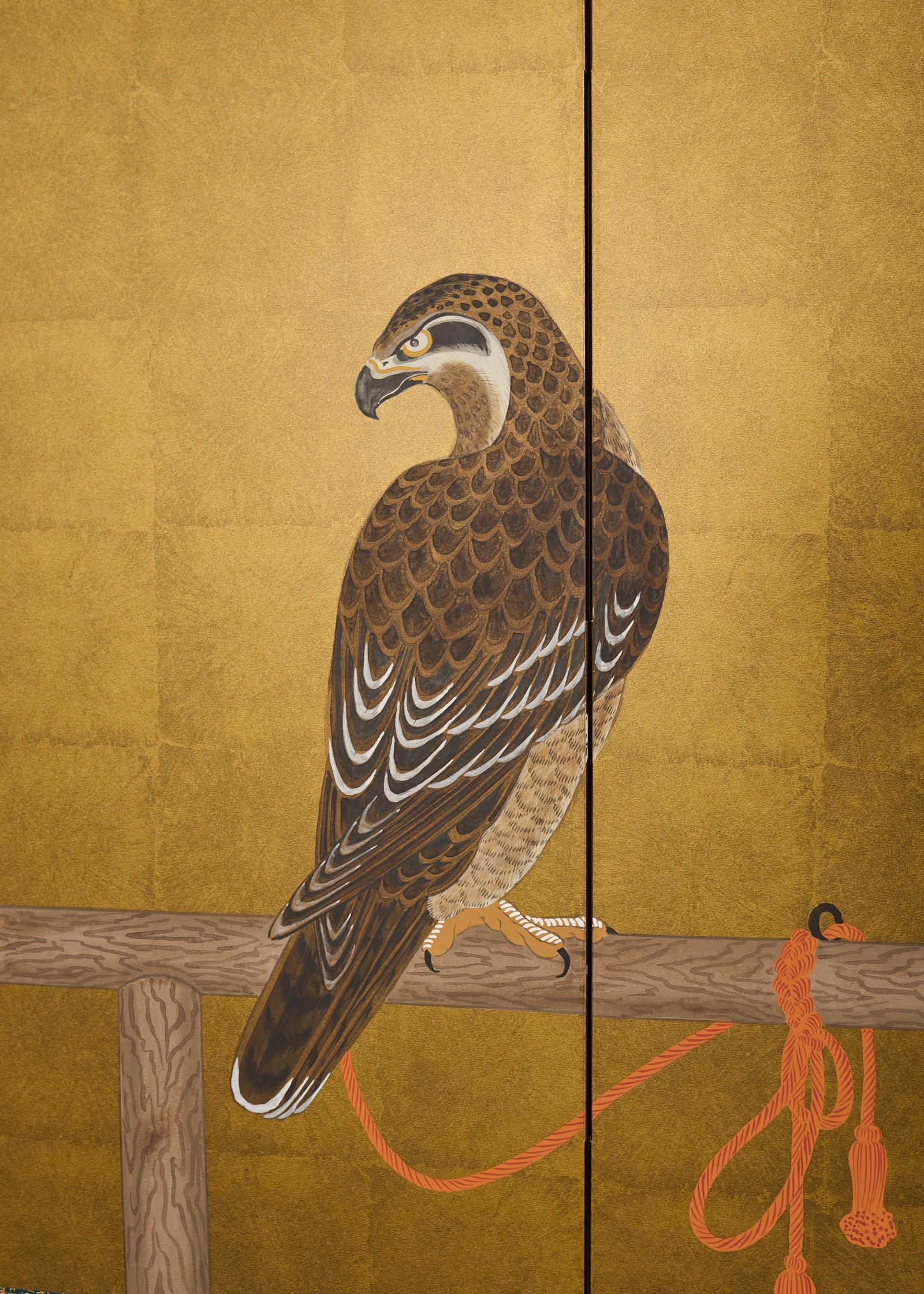 Japanese Showa Two Panel Screen Pair of Tethered Hawks For Sale 4